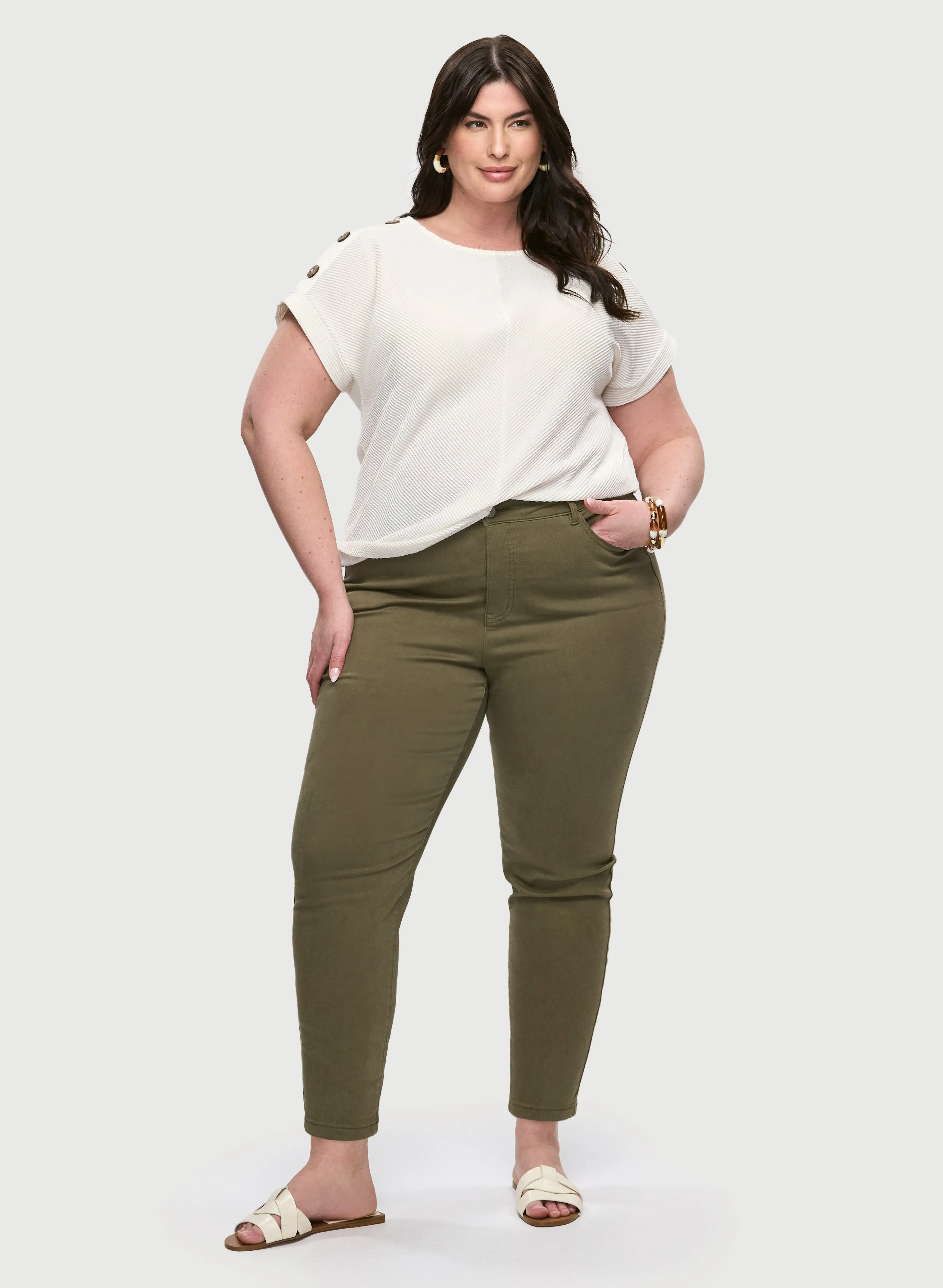 Button Detail Cap-Sleeve Top & High Rise Slim Leg Jeans sold by Laura