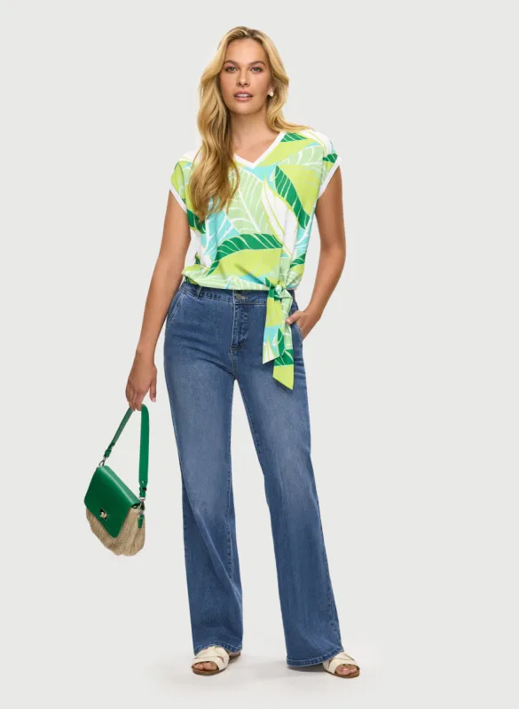 Tied-Hem Leaf Top & Flared Denim Pants sold by Laura