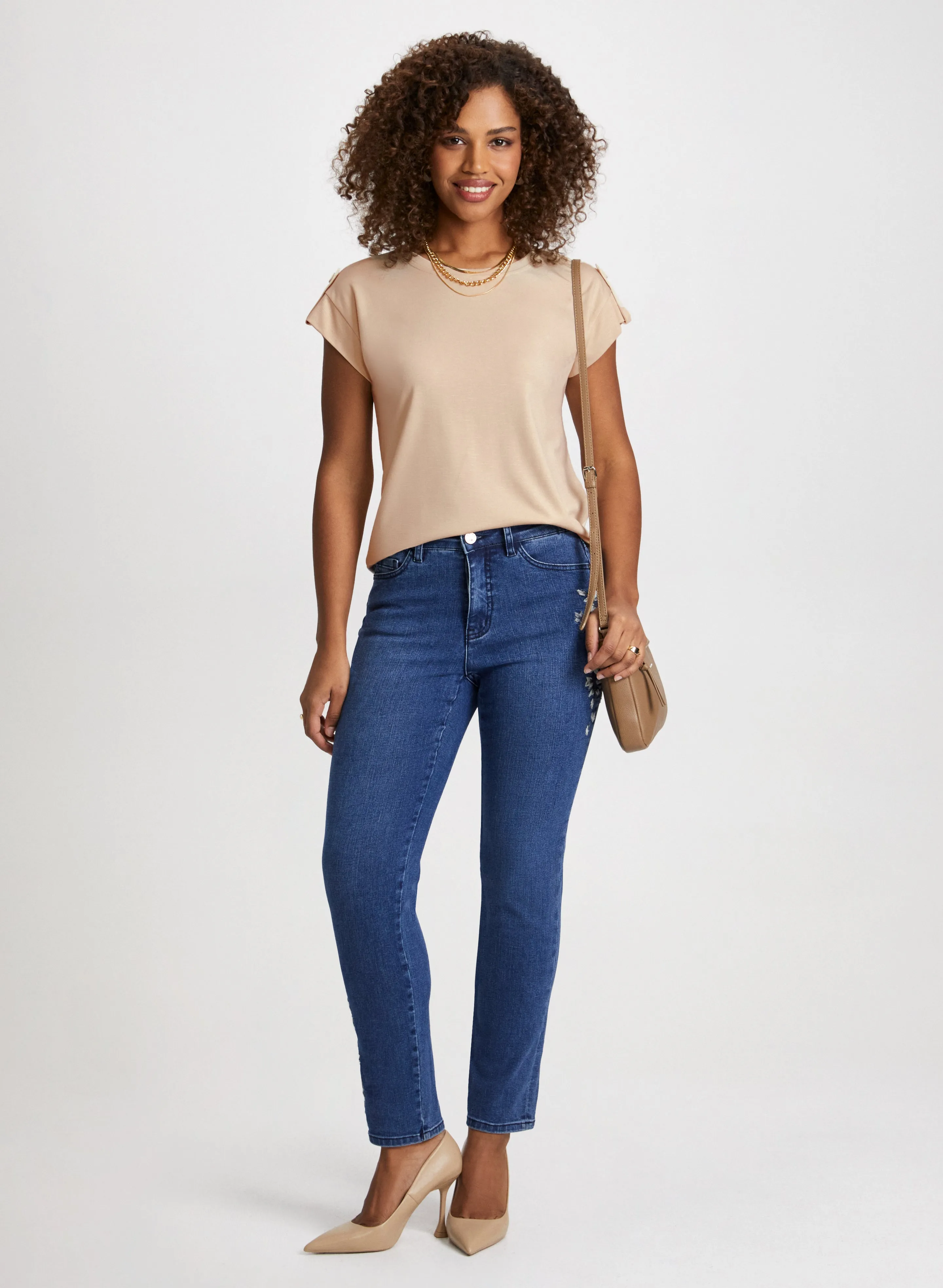 Tab Detail Cap Sleeve Tee & Embroidered Jeans sold by Laura