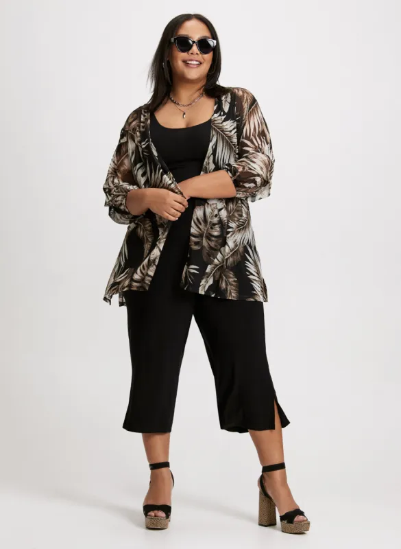 Tropical Print Open Front Top & Side Slit Pull-On Capris sold by Laura