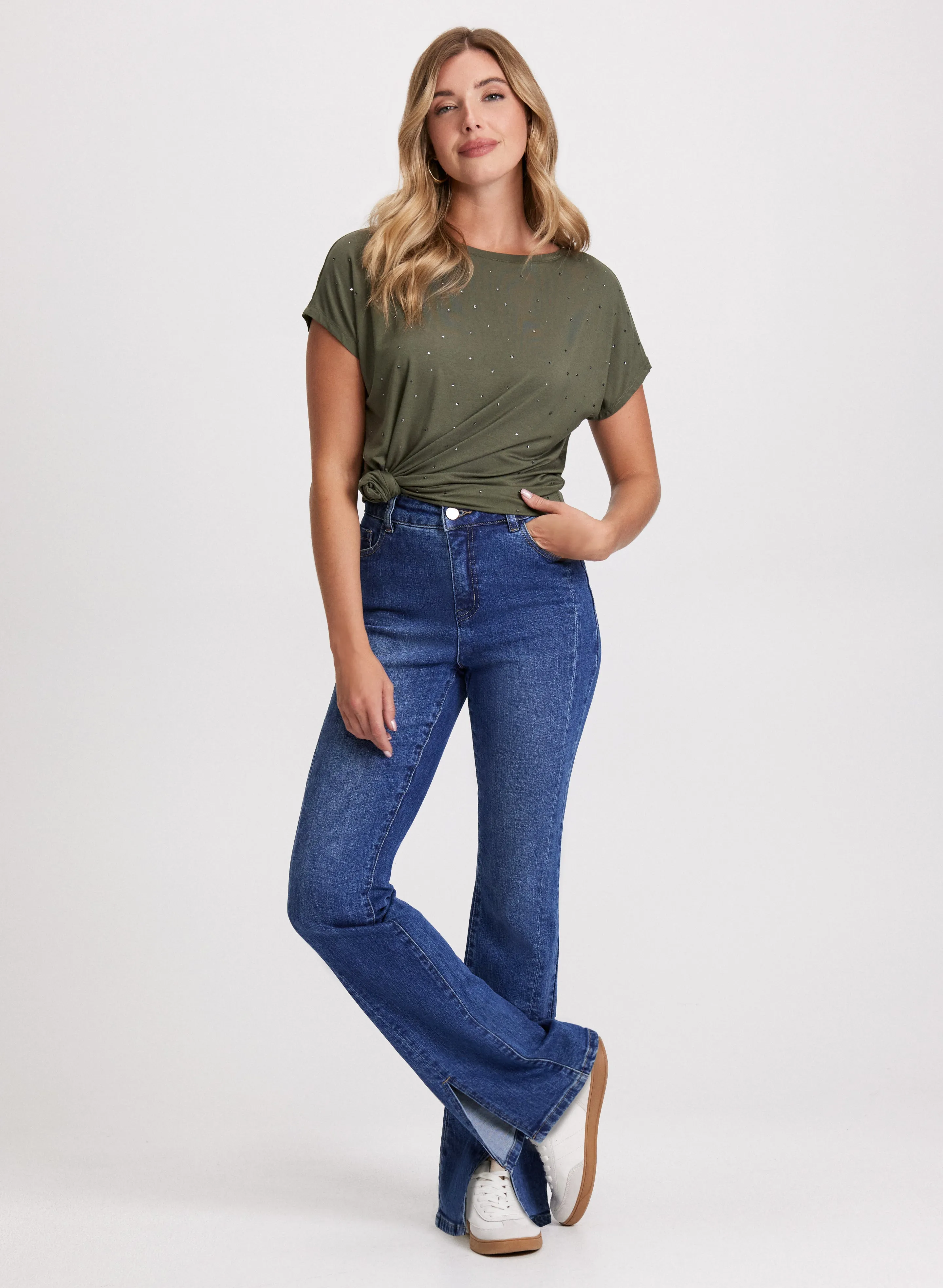 Rhinestone Detail T-Shirt & Flared Slit Jeans sold by Laura
