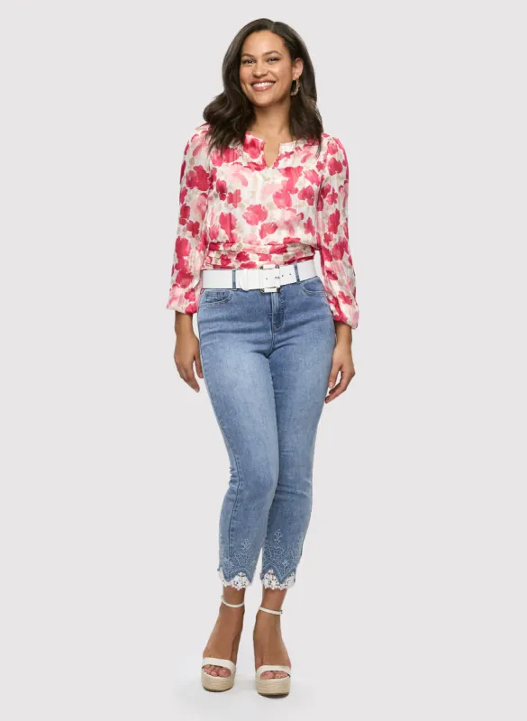 Floral Blouse & Lace Hem Ankle Jeans sold by Laura