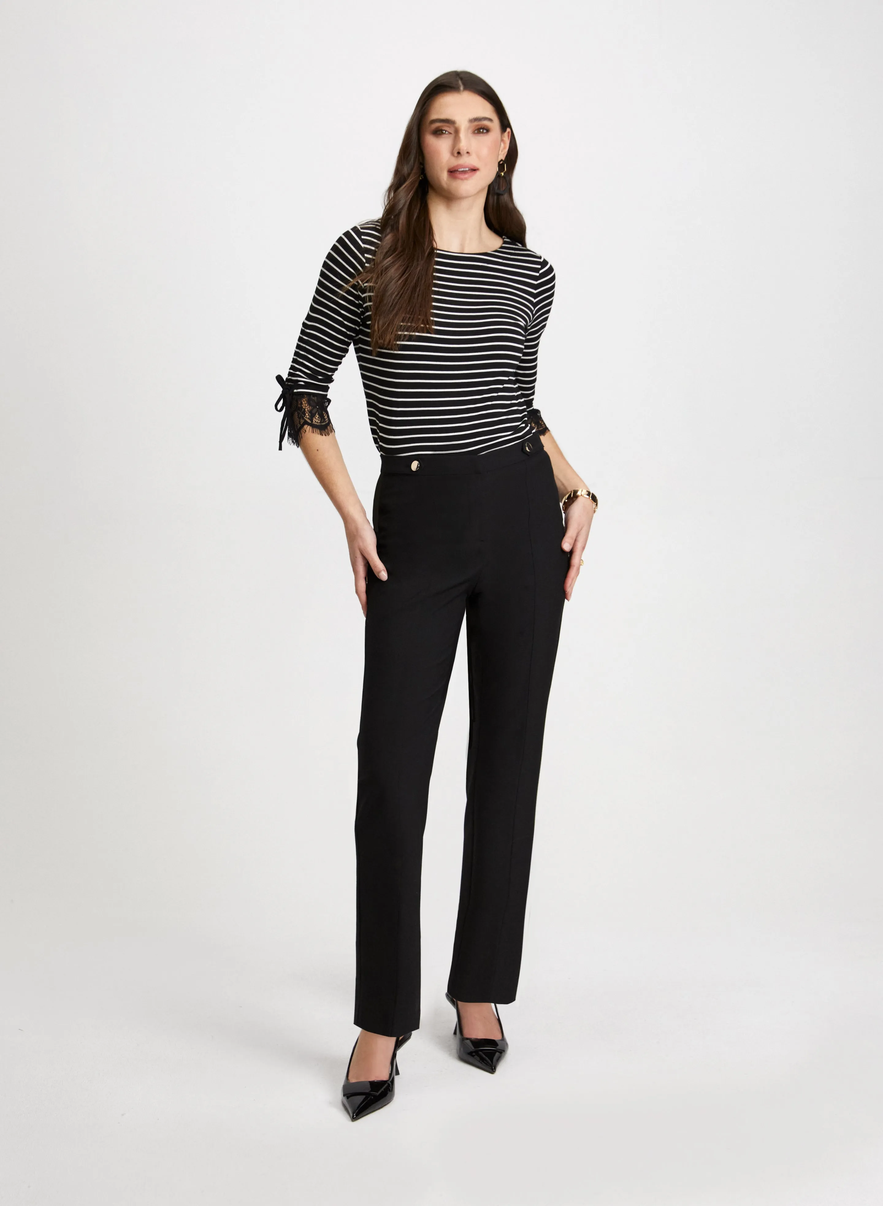 Lace Trim Stripe Motif Top & Straight Leg Pants sold by Laura