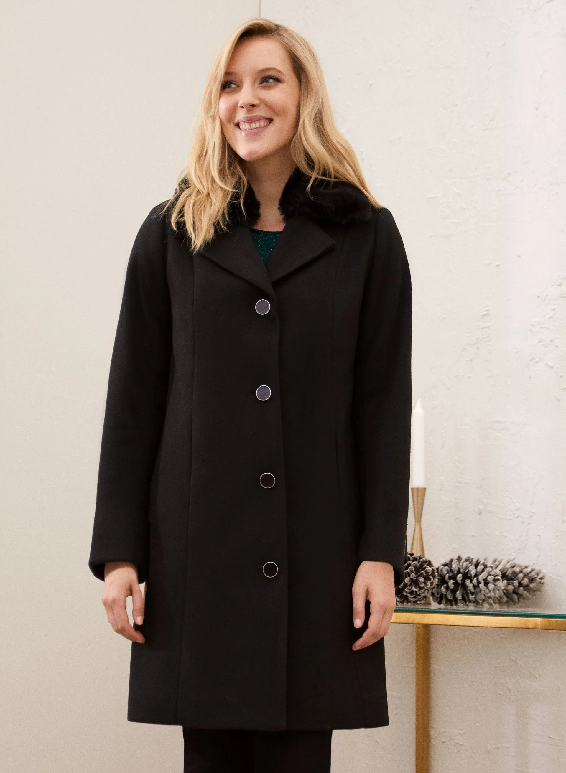 Button Front Stretch Wool Blend Coat sold by Laura