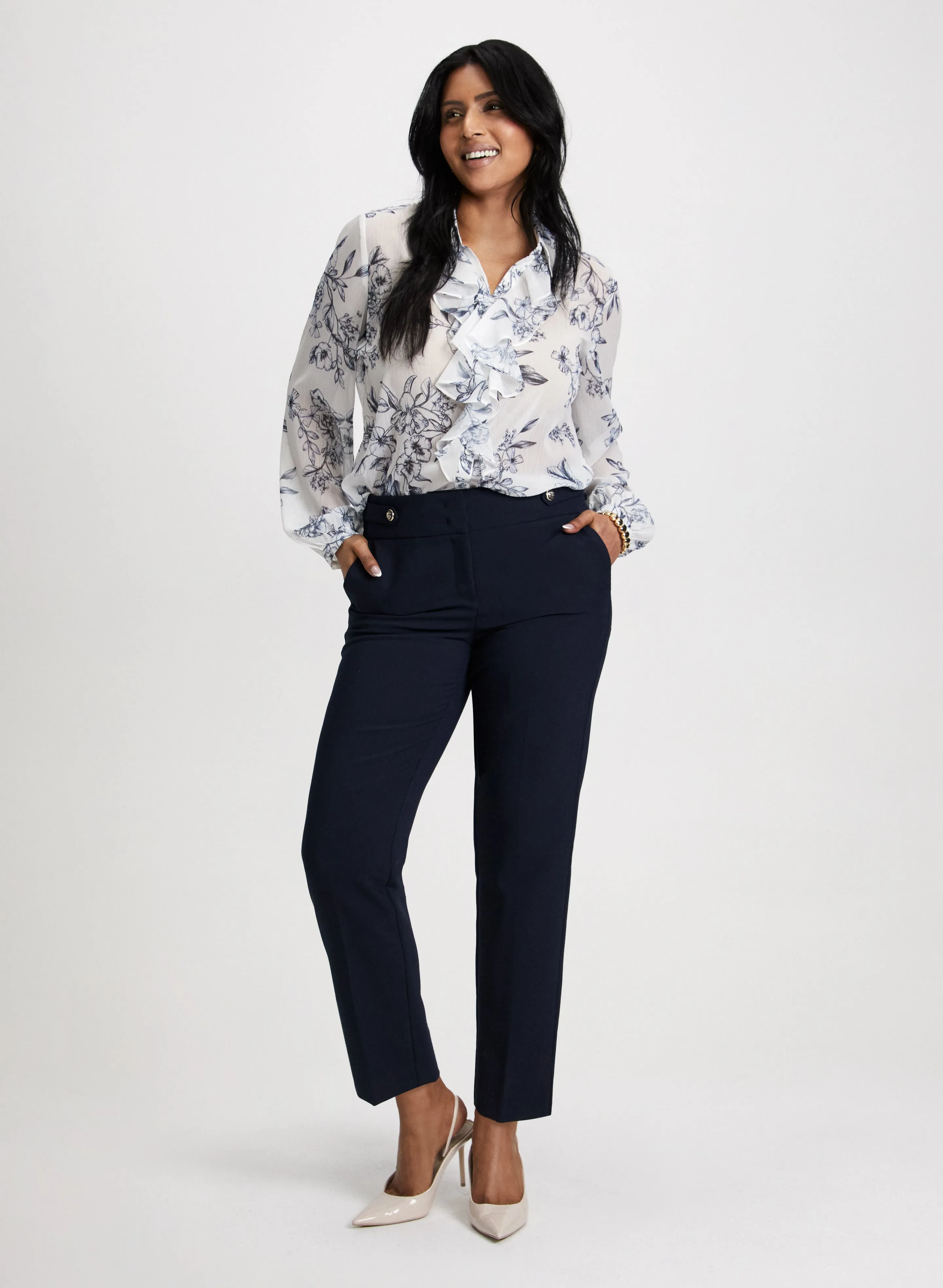 Floral Print Ruffle Shirt & Slim Leg Ankle Pants sold by Laura
