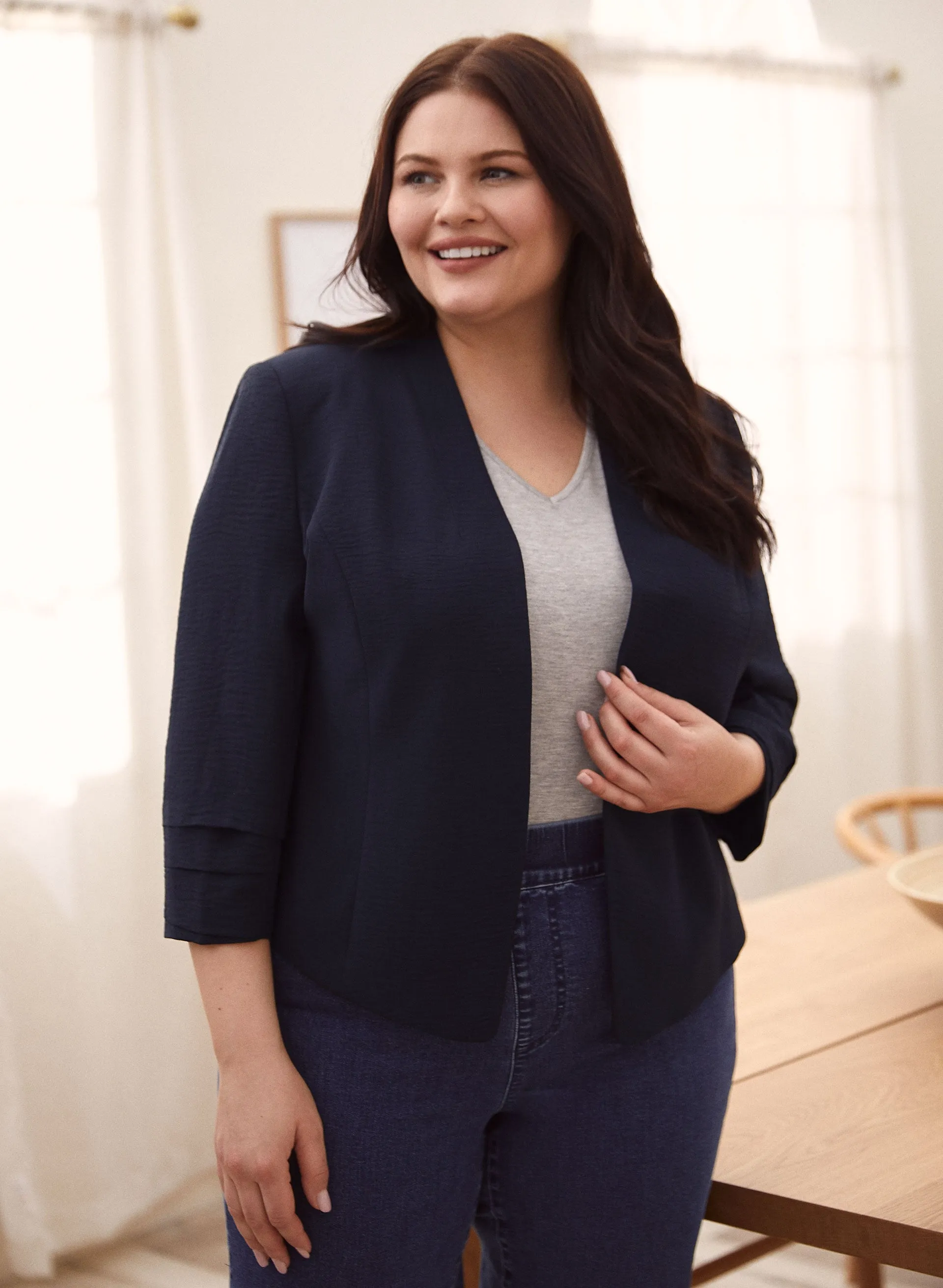 Pleated Sleeve Open Front Jacket sold by Laura