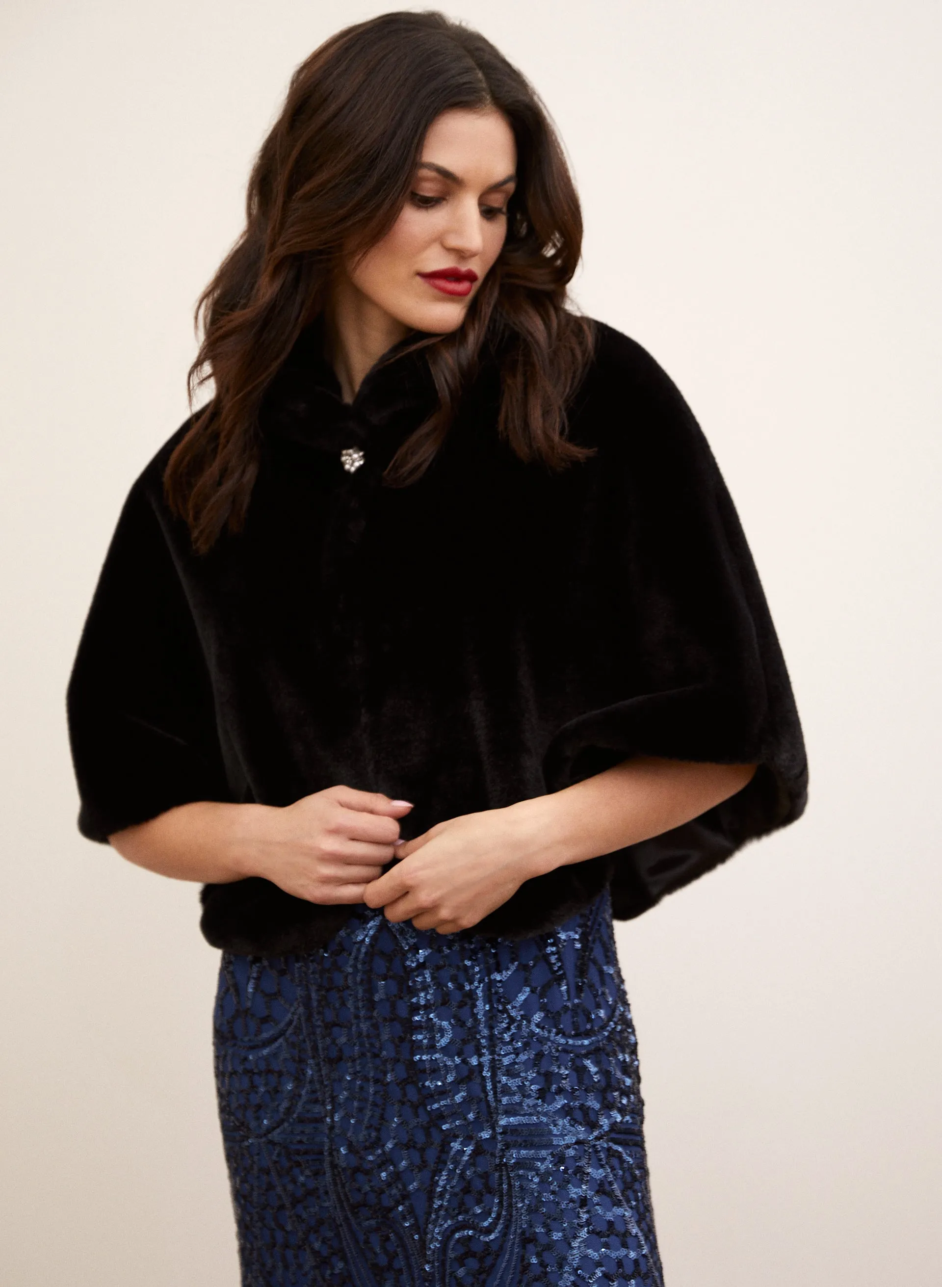 Brooch Detail Faux Fur Cape sold by Laura