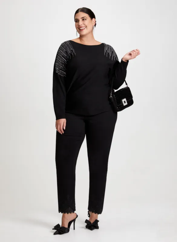 Rhinestone Motif Sweater & Lace Hem Pants sold by Laura