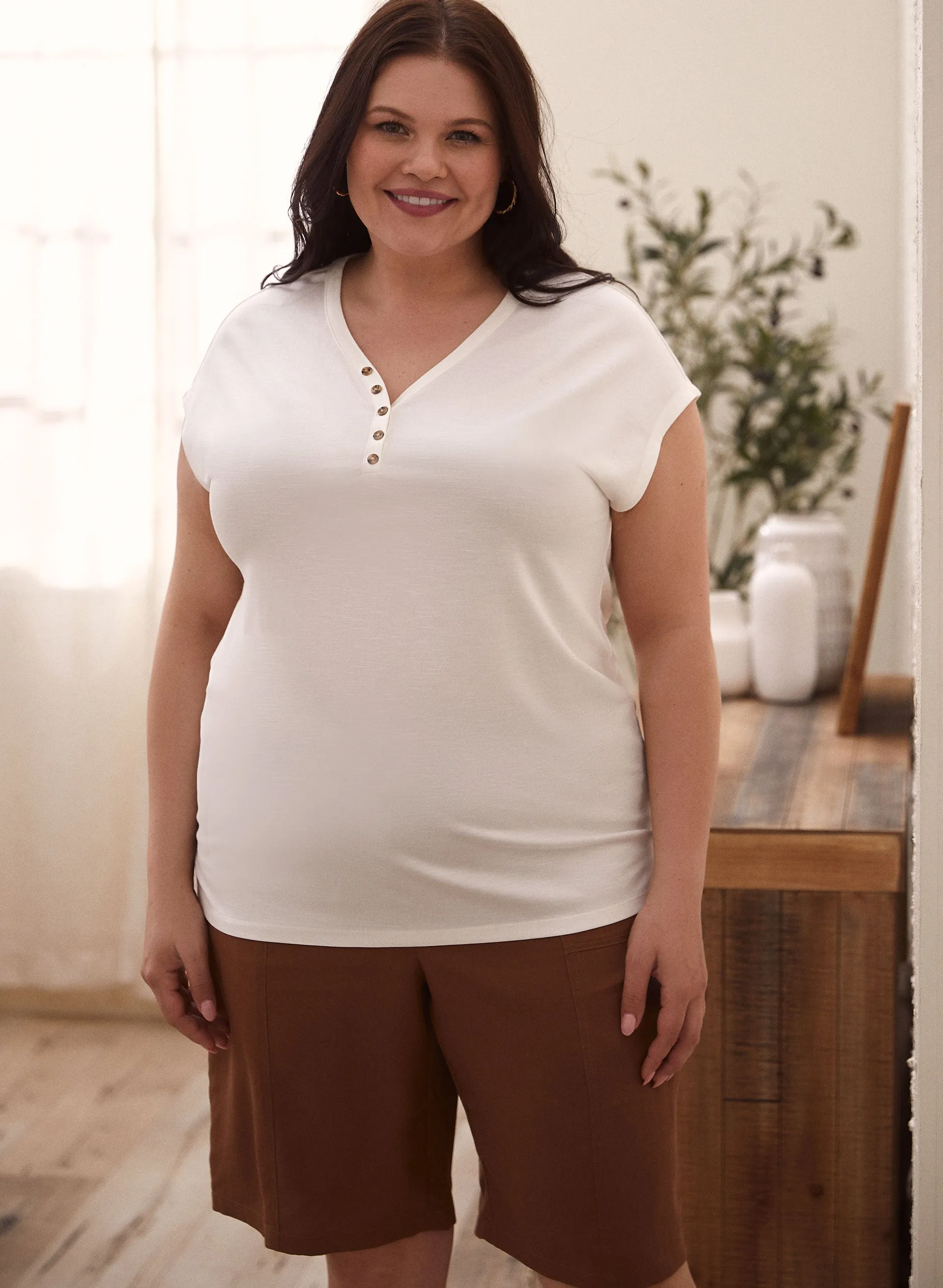 Drop Shoulder Henley Tee sold by Laura