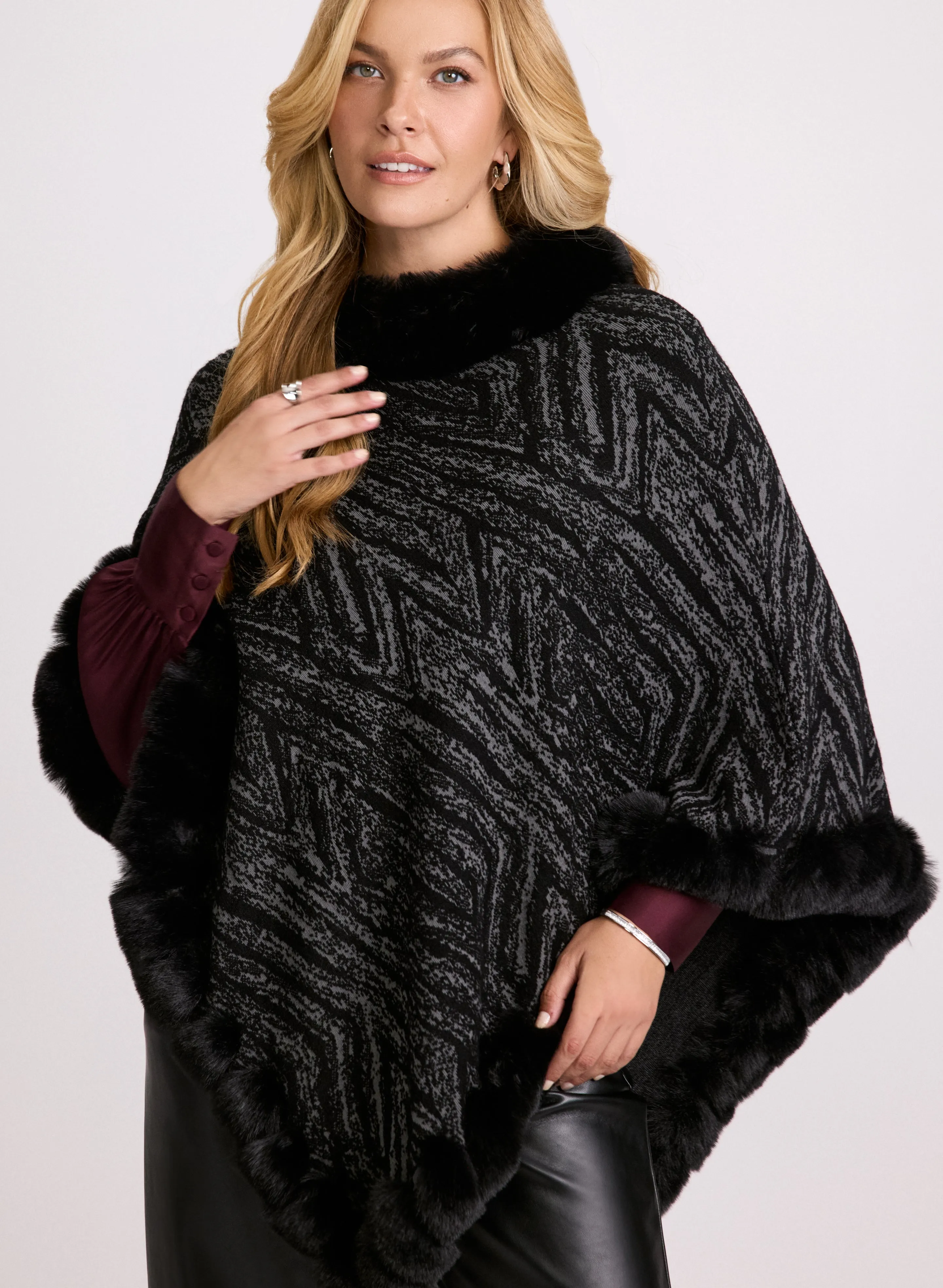 Faux Fur Trim Popover Poncho sold by Laura