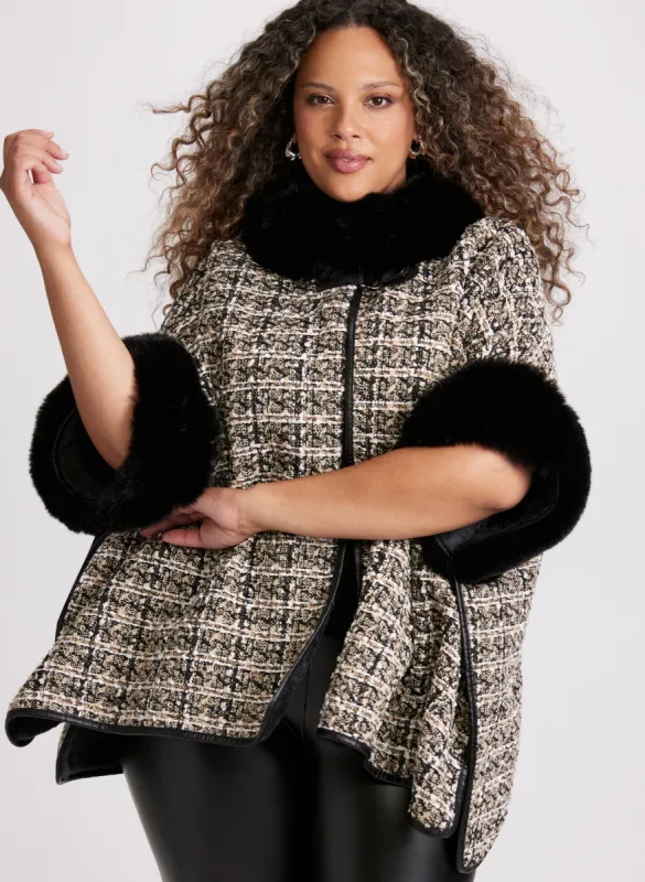 Bouclé Faux Fur Trim  Poncho sold by Laura