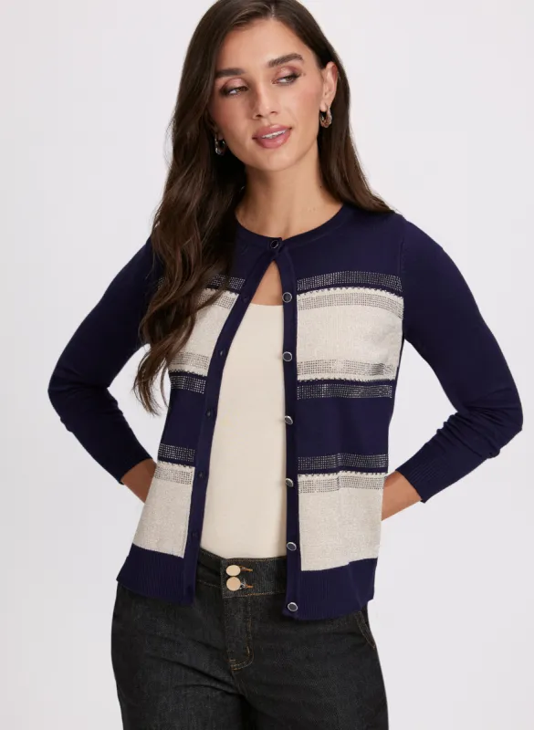 Stripe Print Rhinestone Embellished Cardigan sold by Laura