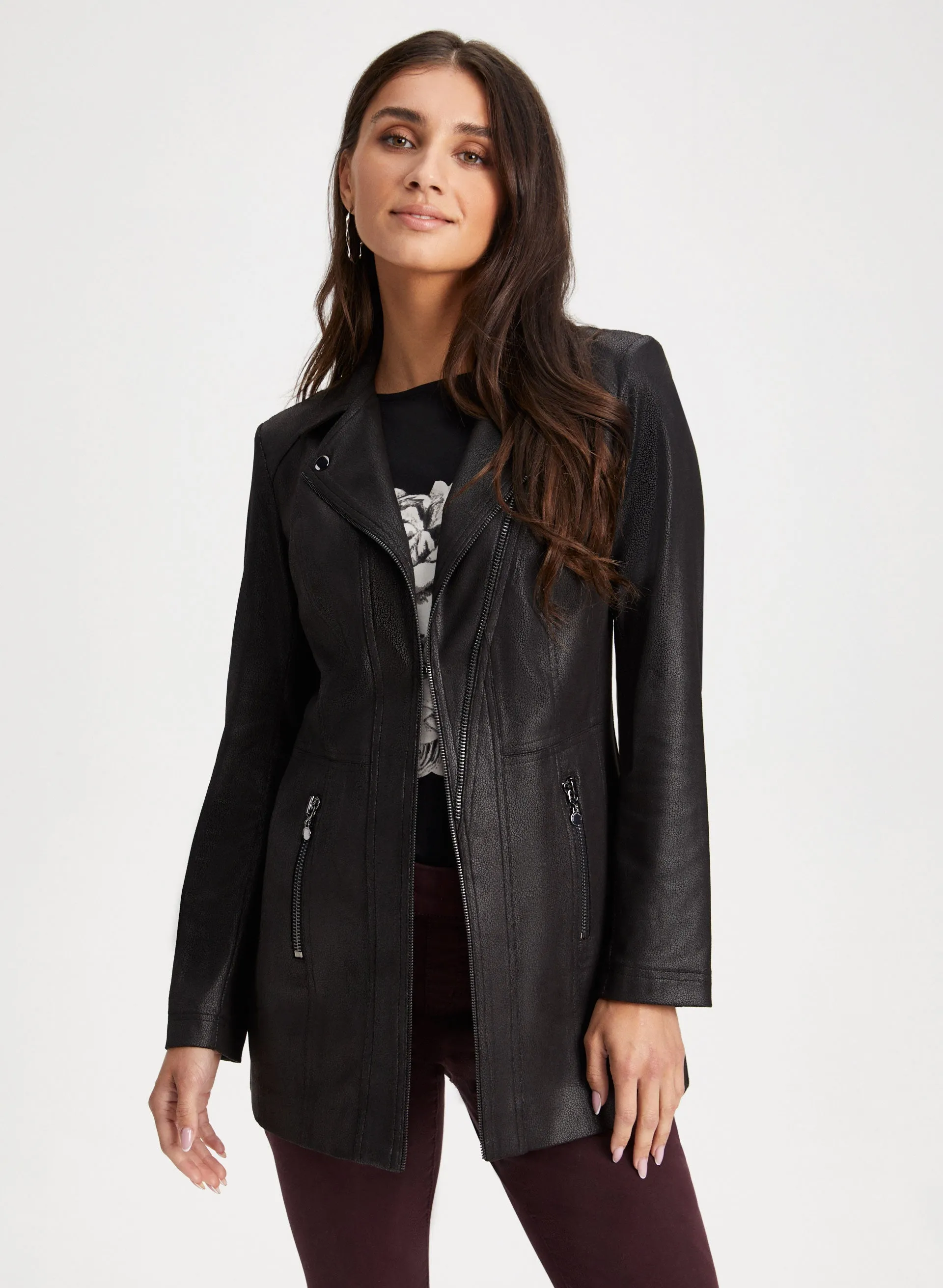 Zip Detail Faux Suede Redingote sold by Laura