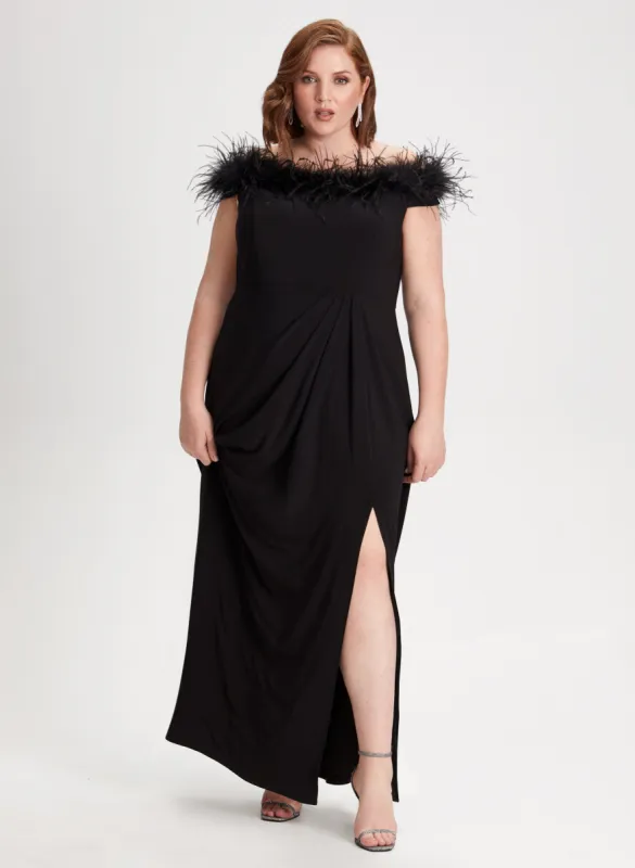 Feather Trim Off-The-Shoulder Dress sold by Laura