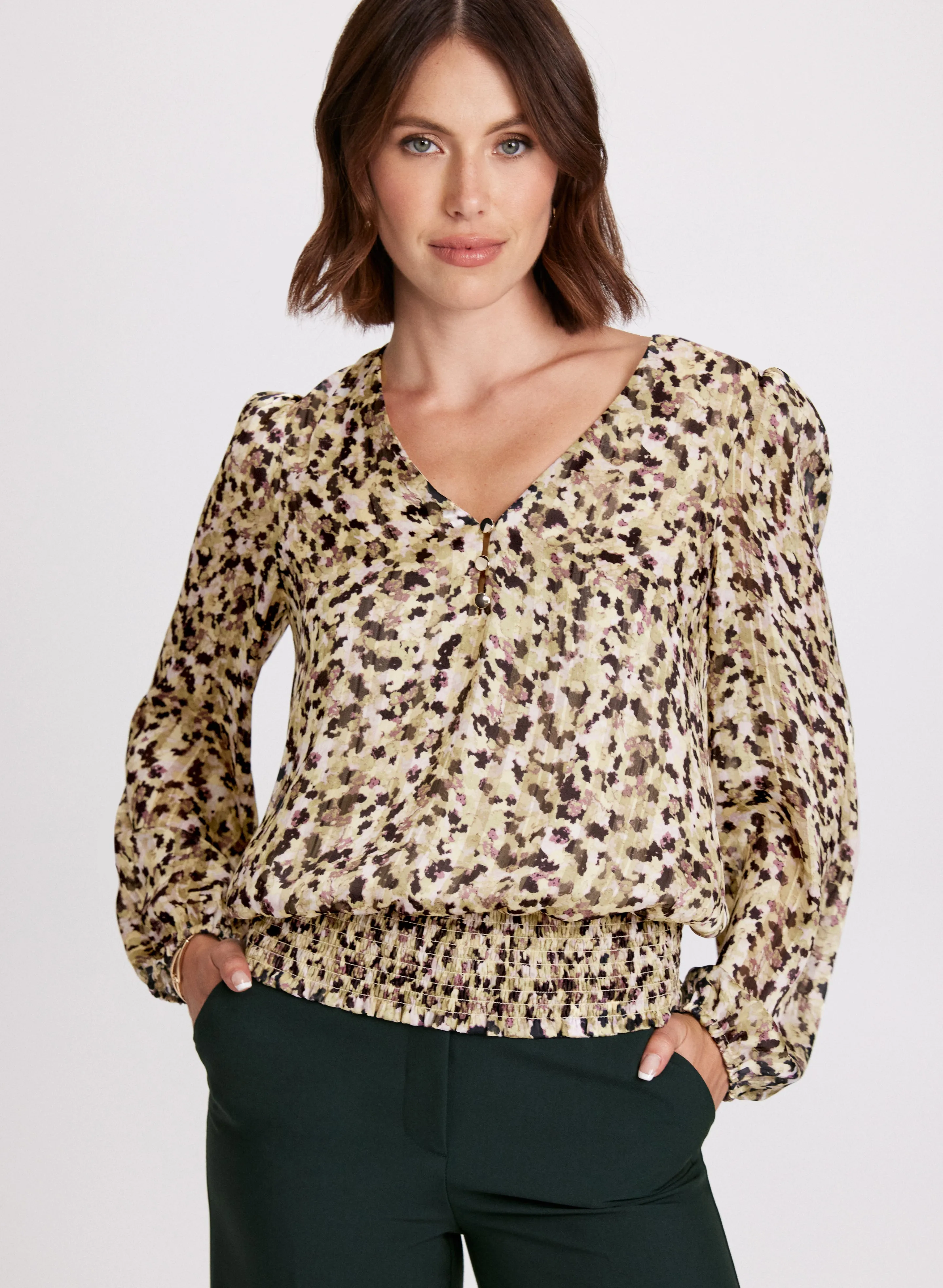 Abstract Print Smocked Waist Blouse sold by Laura