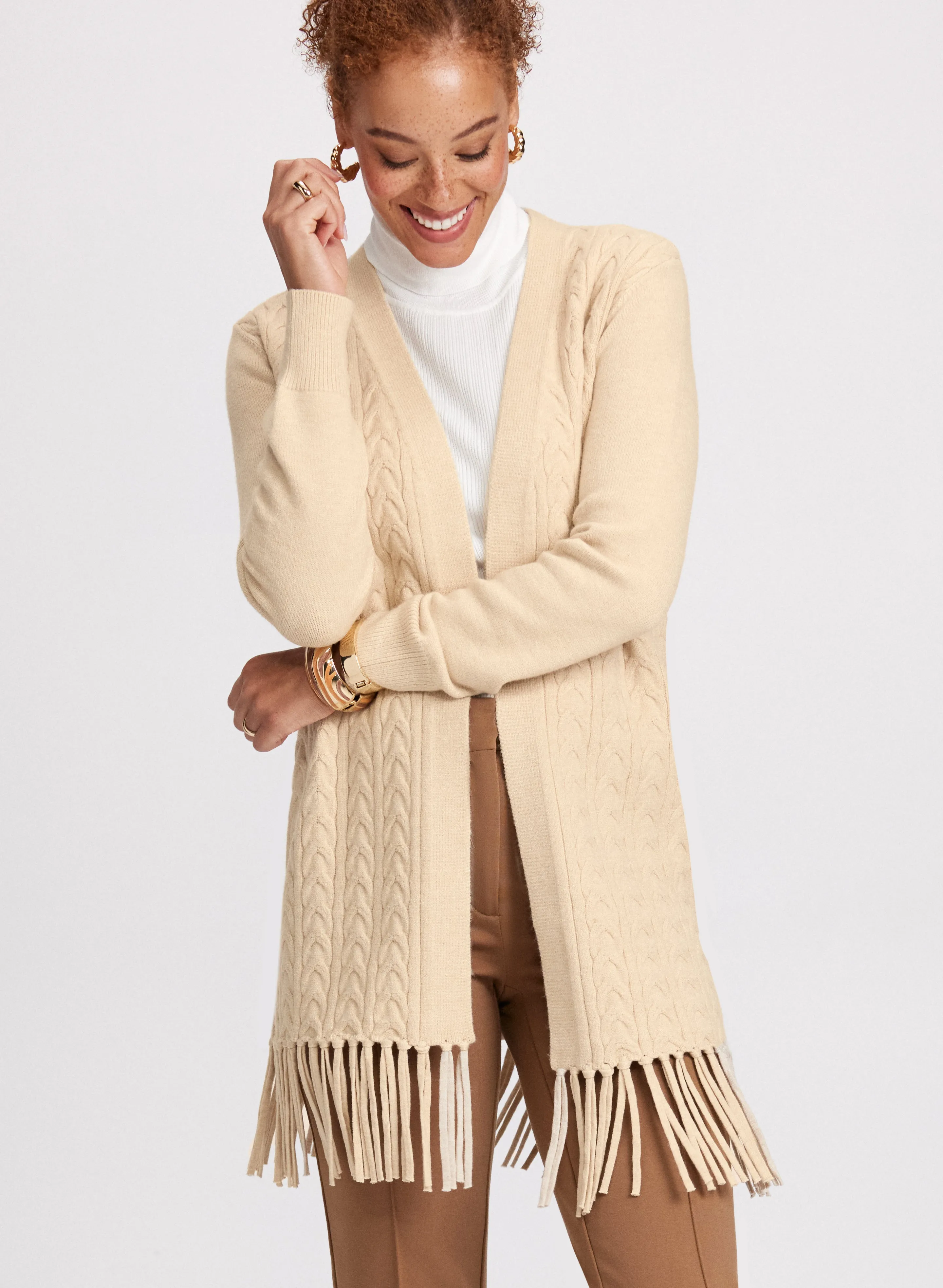 Cable Knit Fringe Detail Cardigan sold by Laura