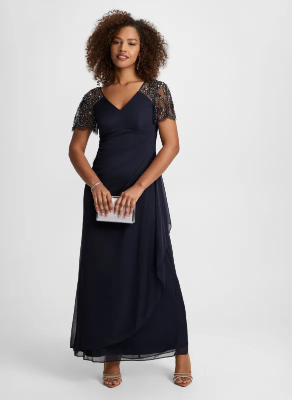 Beaded Mesh Flutter Sleeve Dress sold by Laura