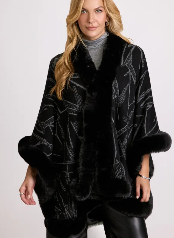 Abstract Faux Fur Trim Poncho sold by Laura