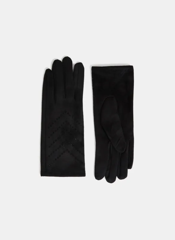 Stone Embellished Faux Suede Gloves sold by Laura