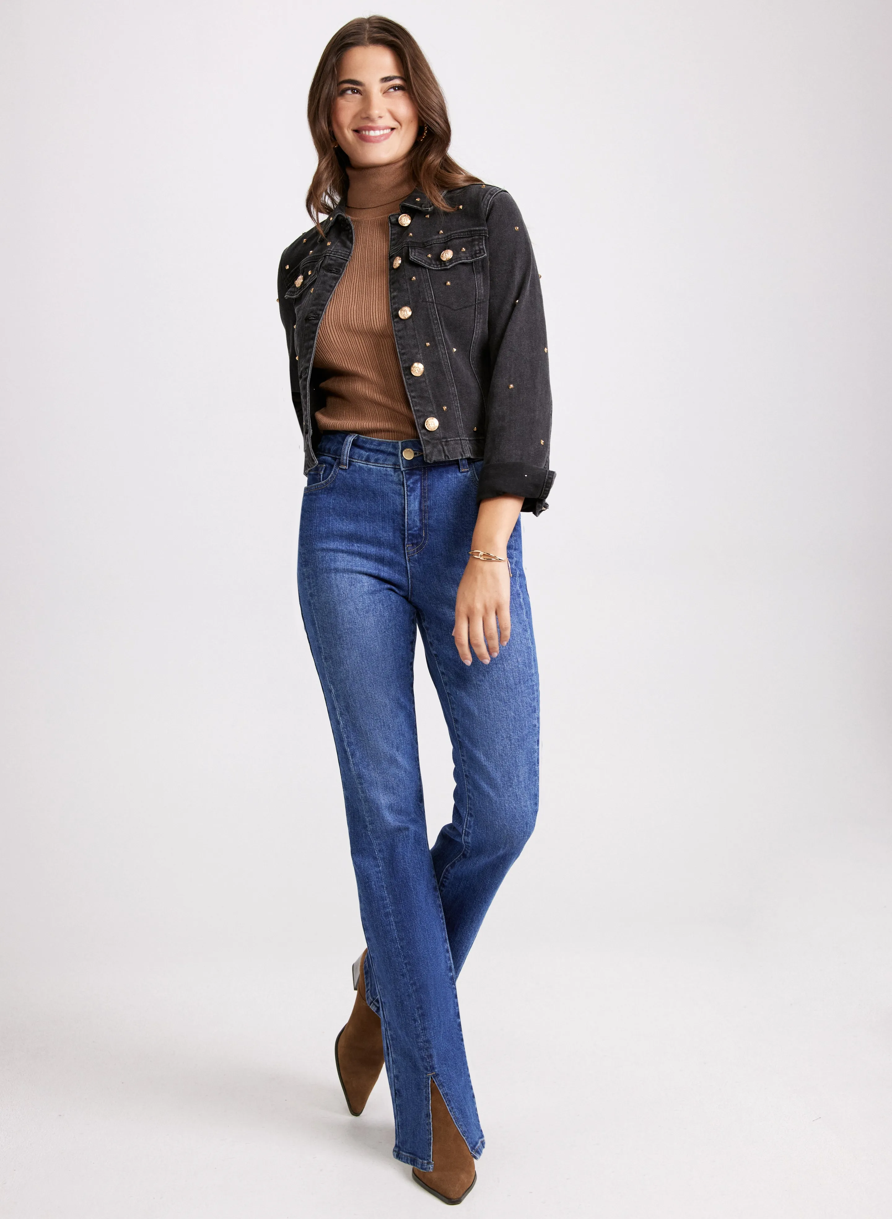 Studded Denim Jacket & Flared Slit Jeans sold by Laura