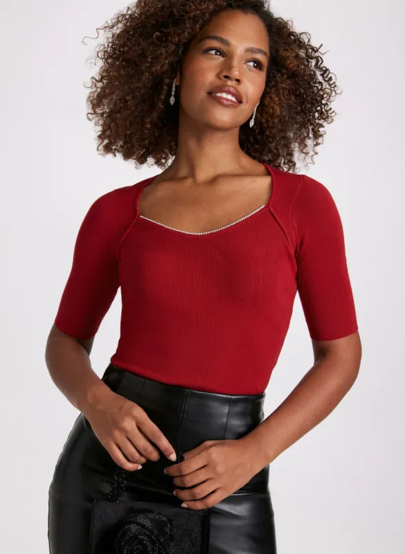 Rhinestone Trim Sweetheart Neck Sweater sold by Laura