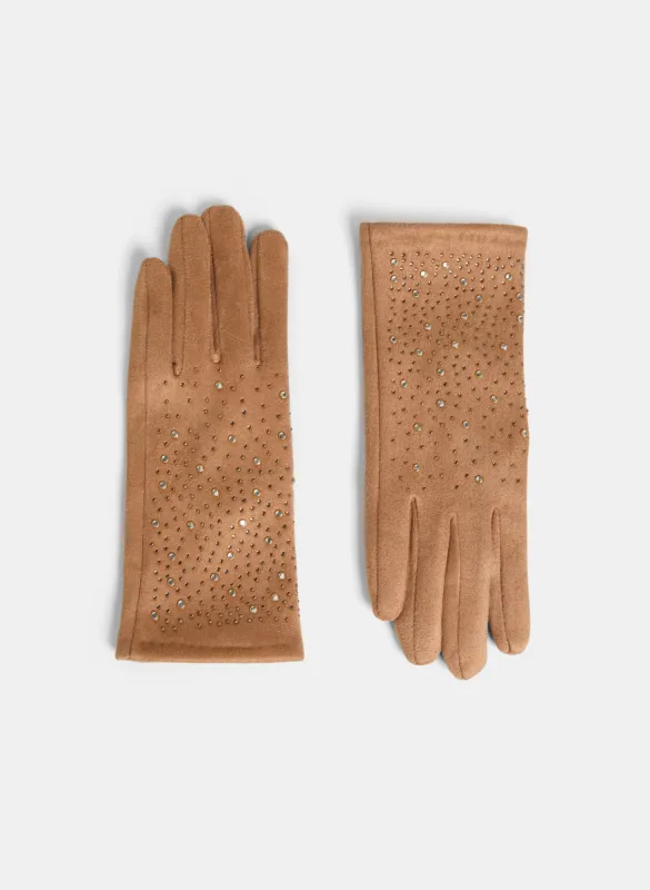 Scattered Rhinestone Faux-Suede Gloves sold by Laura