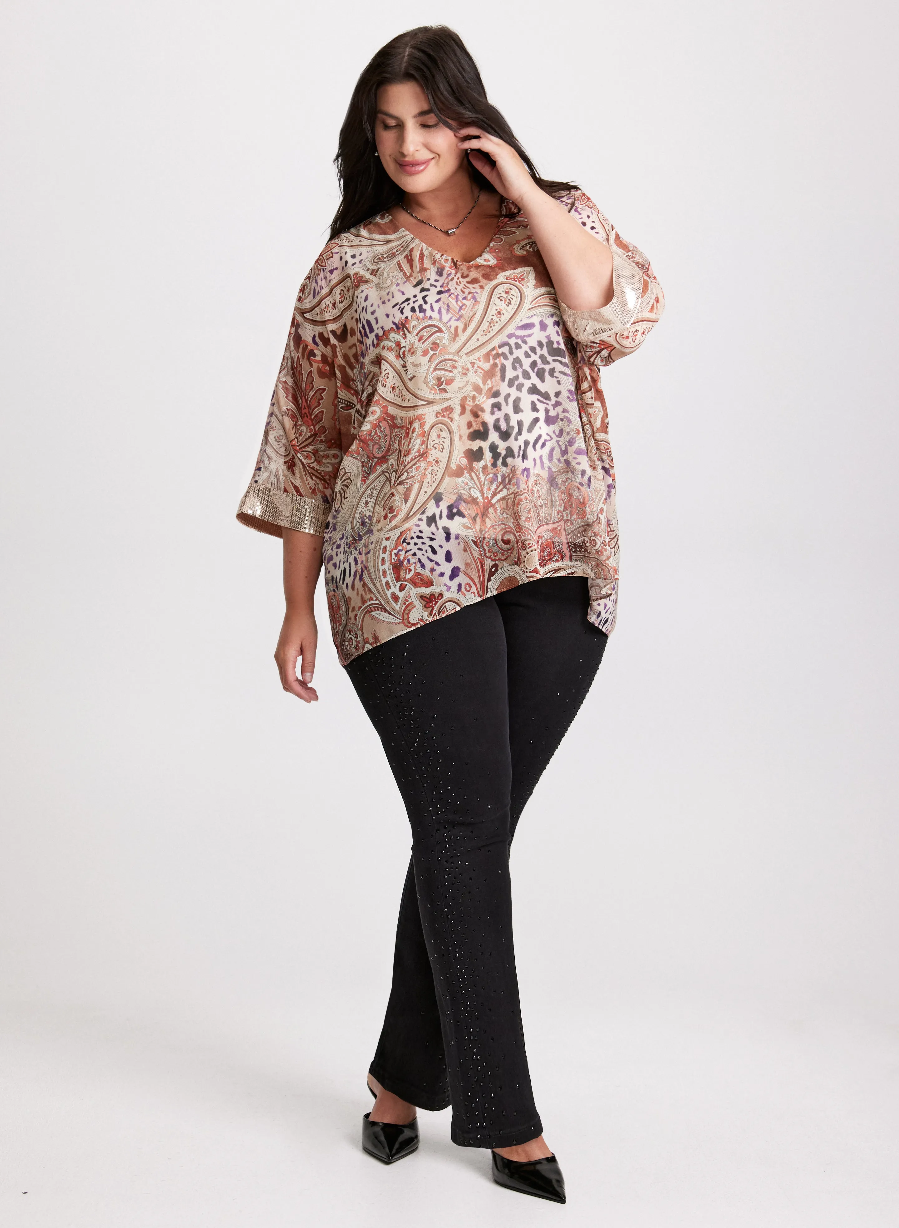Paisley Print V-Neck Blouse & Rhinestone Detail Straight Leg Jeans sold by Laura