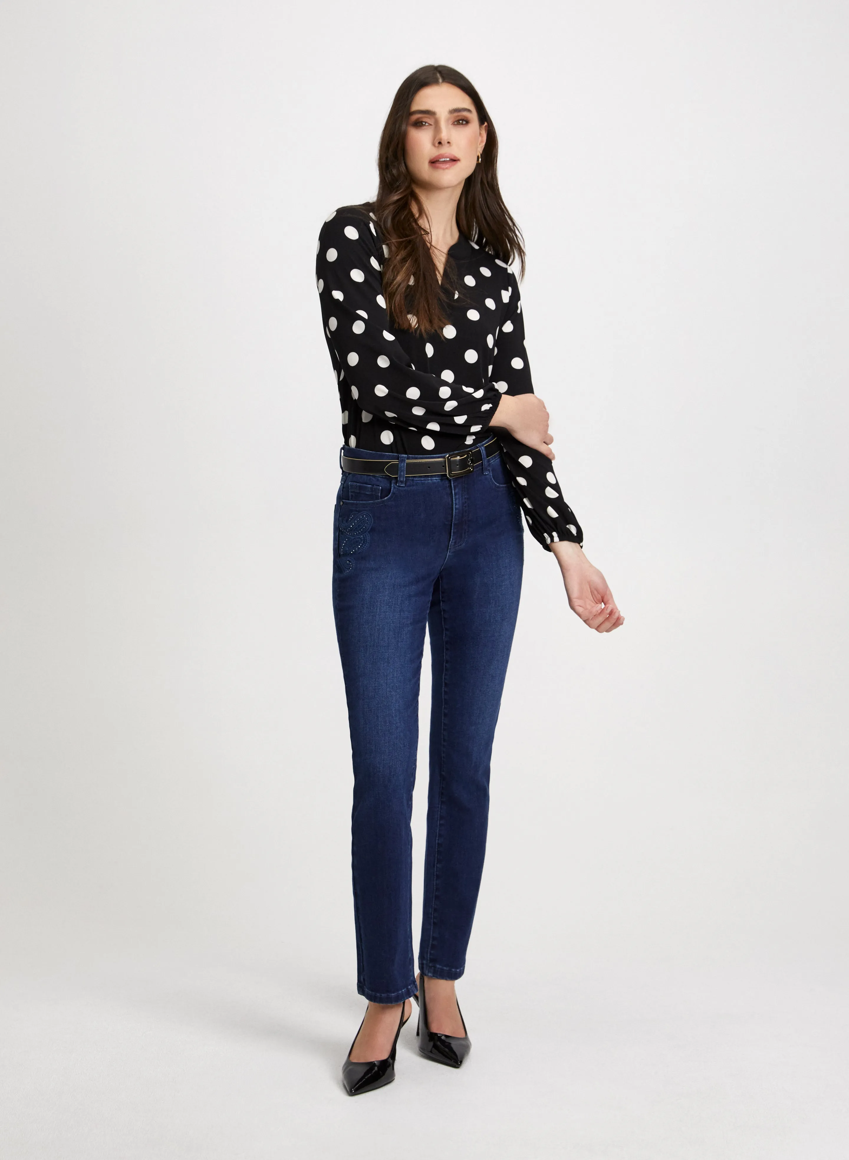 Dot Motif Split-Neck Top & Embroidered Jeans sold by Laura