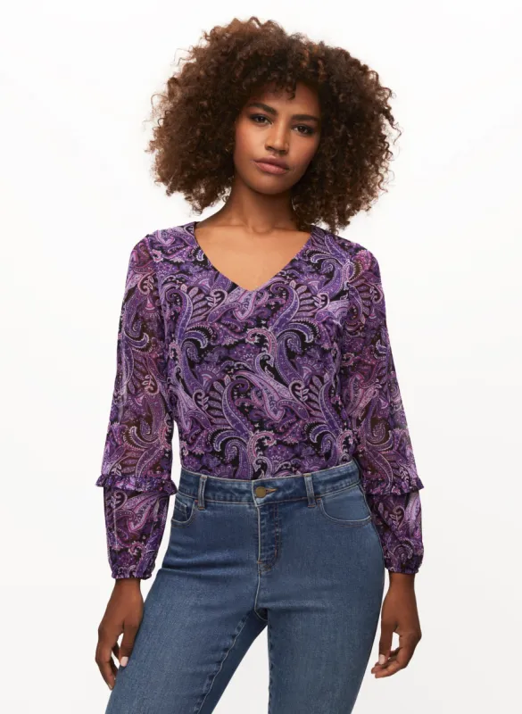 Paisley Print V-Neck Mesh Top sold by Laura