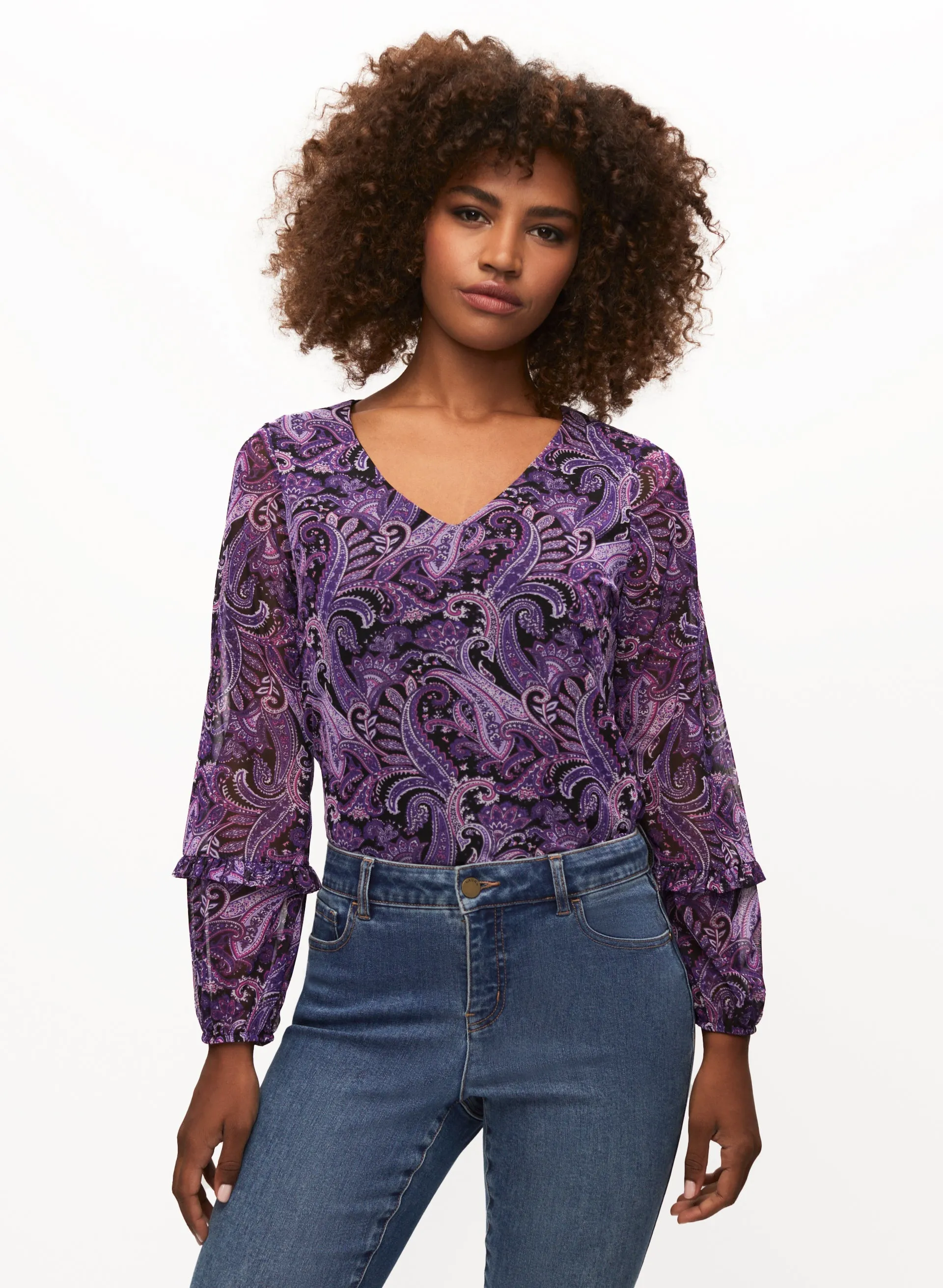 Paisley Print V-Neck Mesh Top sold by Laura
