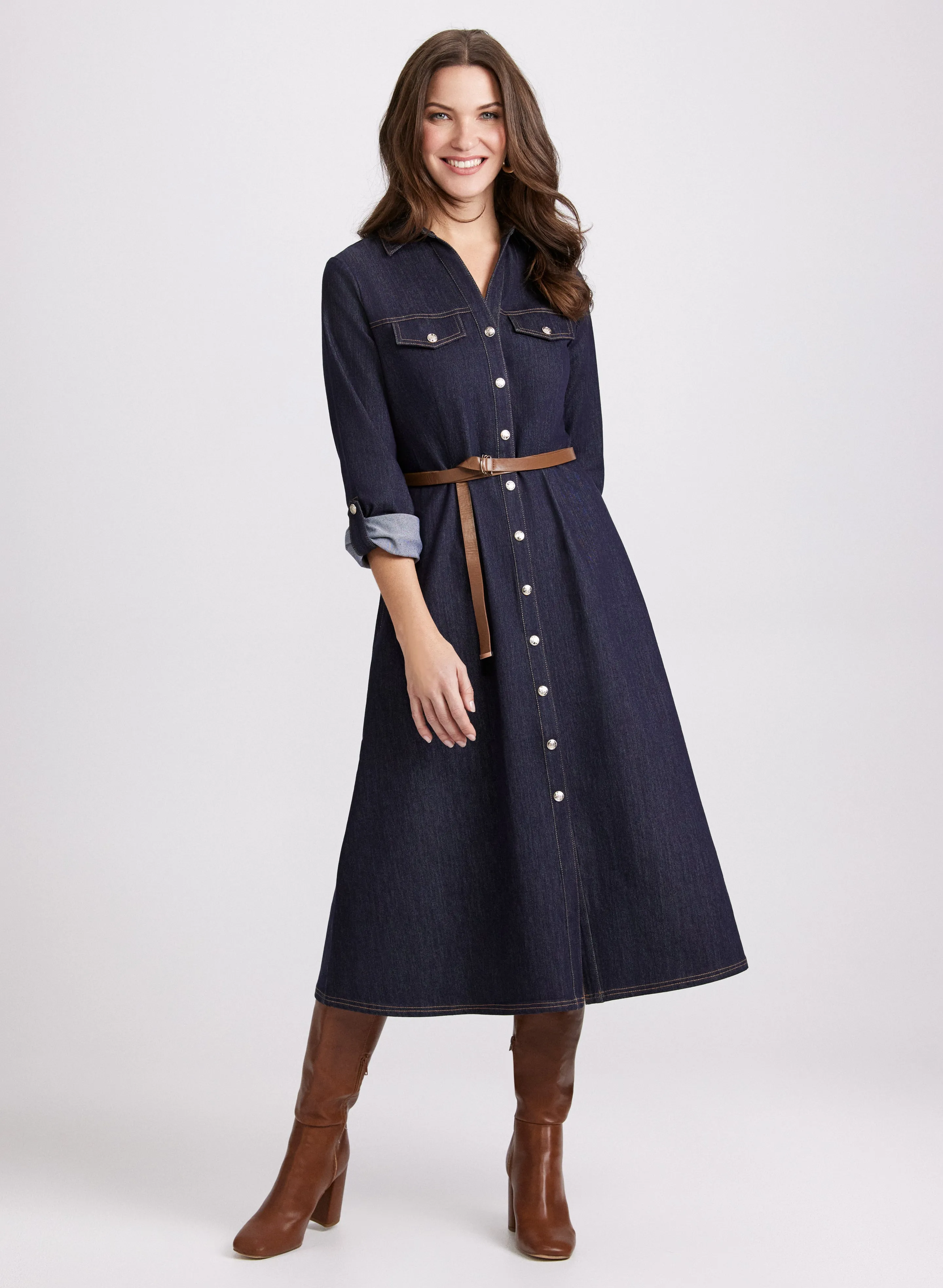 Belted Denim Button-Down Midi Dress sold by Laura