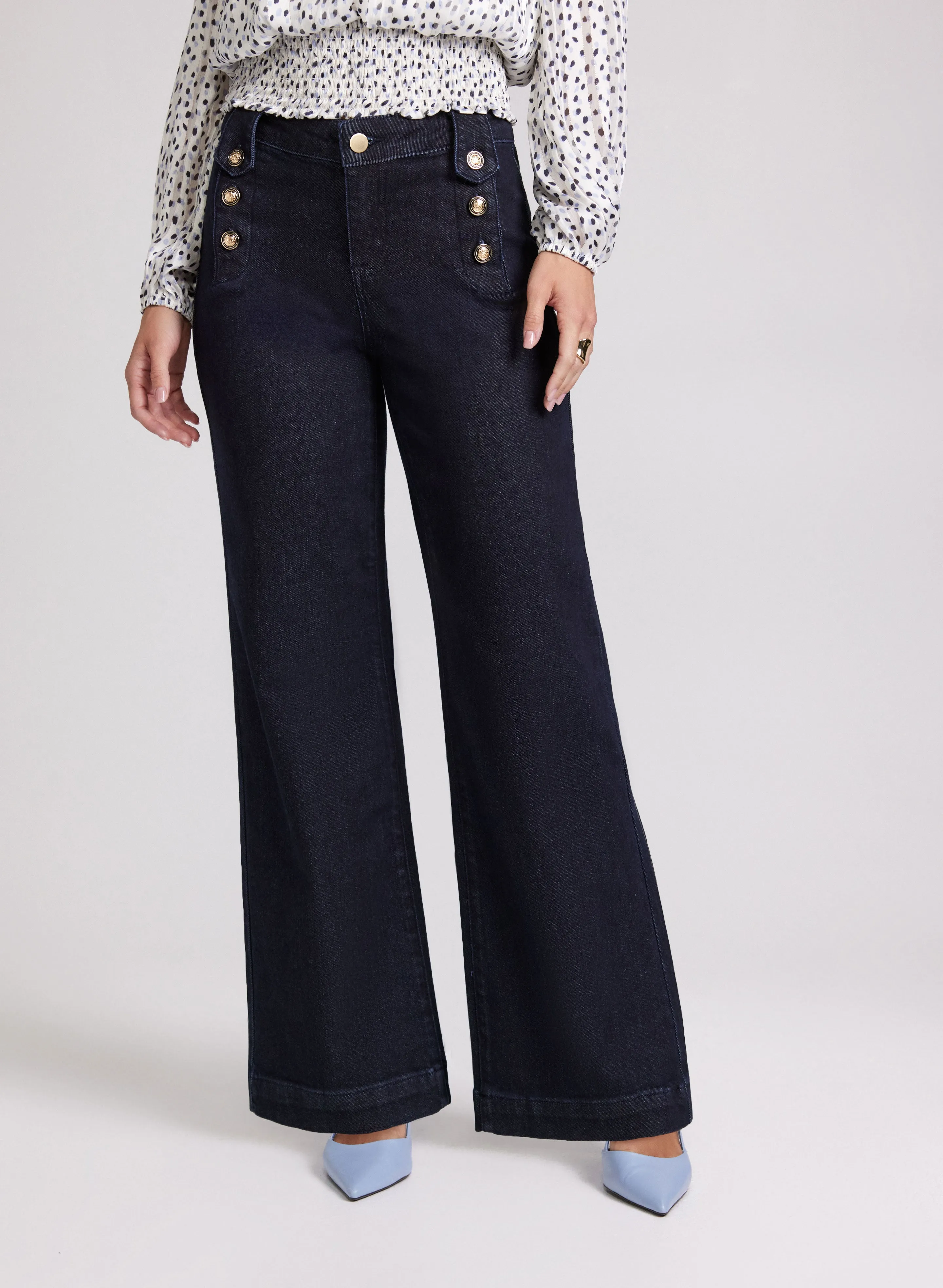 Embossed Button Wide-Leg Jeans sold by Laura