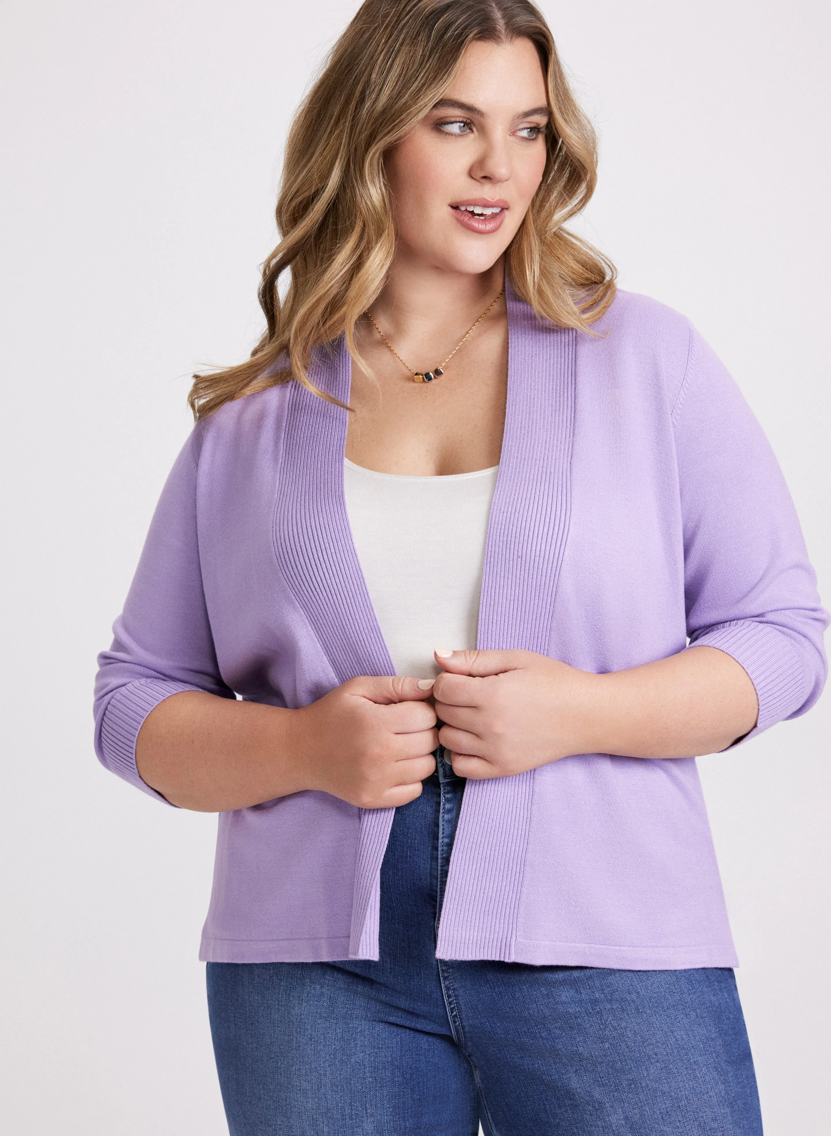 Ribbed Trim Open-Front Cardigan sold by Laura