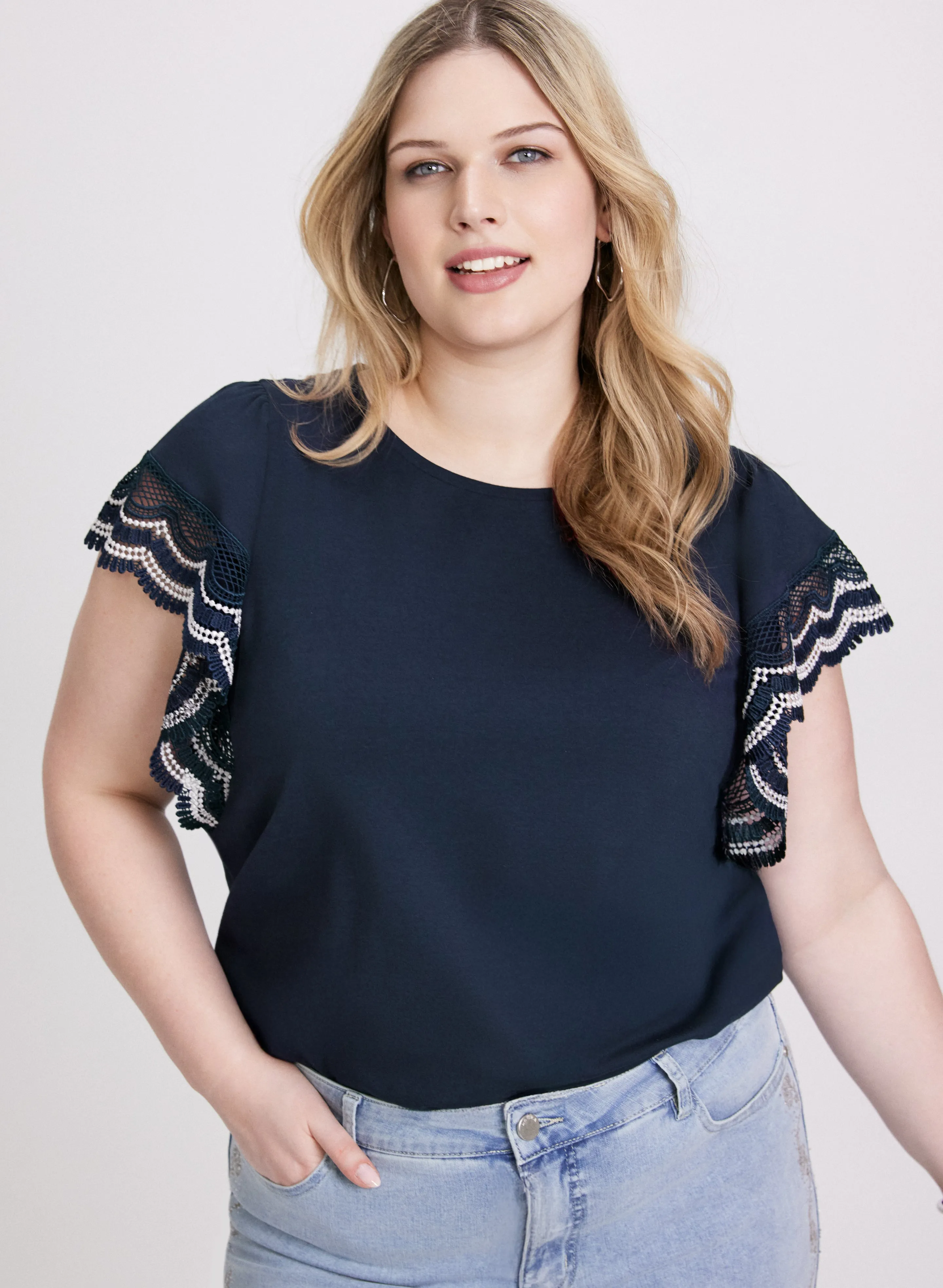 Crochet Trim Cap Sleeve T-Shirt sold by Laura