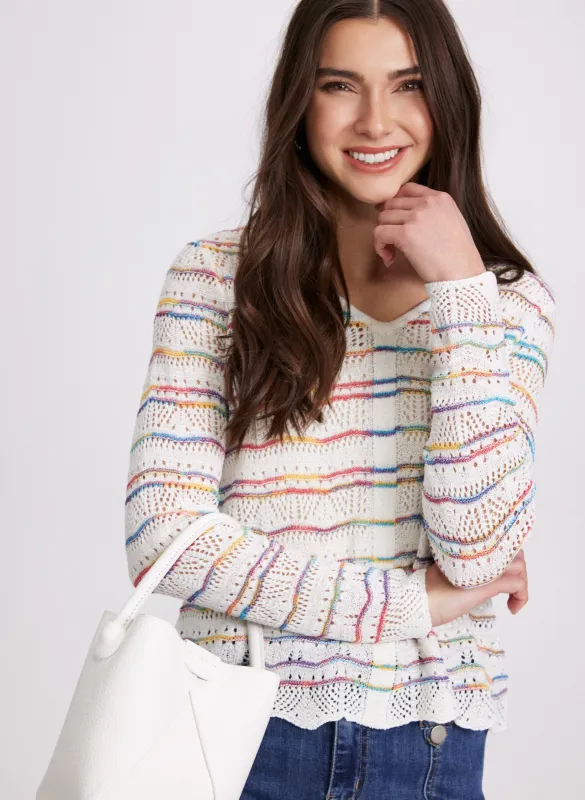 Multi-Striped Pointelle Knit Sweater sold by Laura