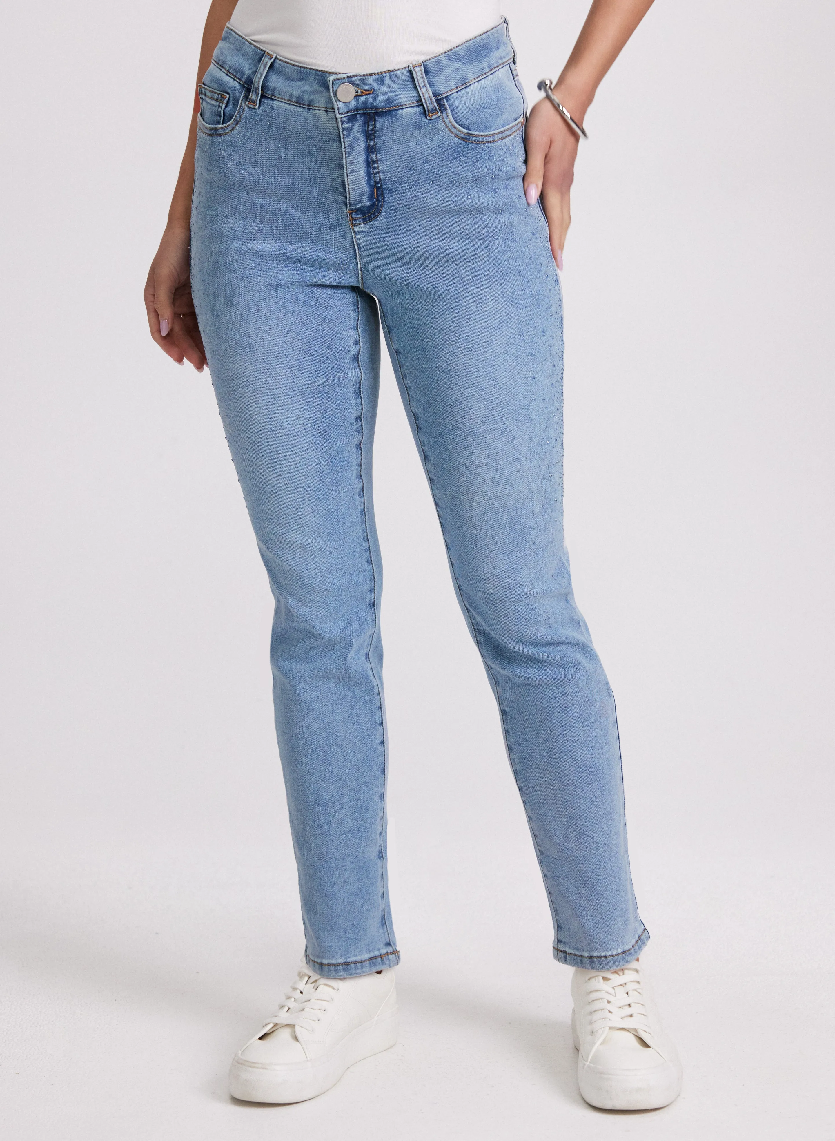 Tonal Stone Embellished Straight-Leg Jeans sold by Laura