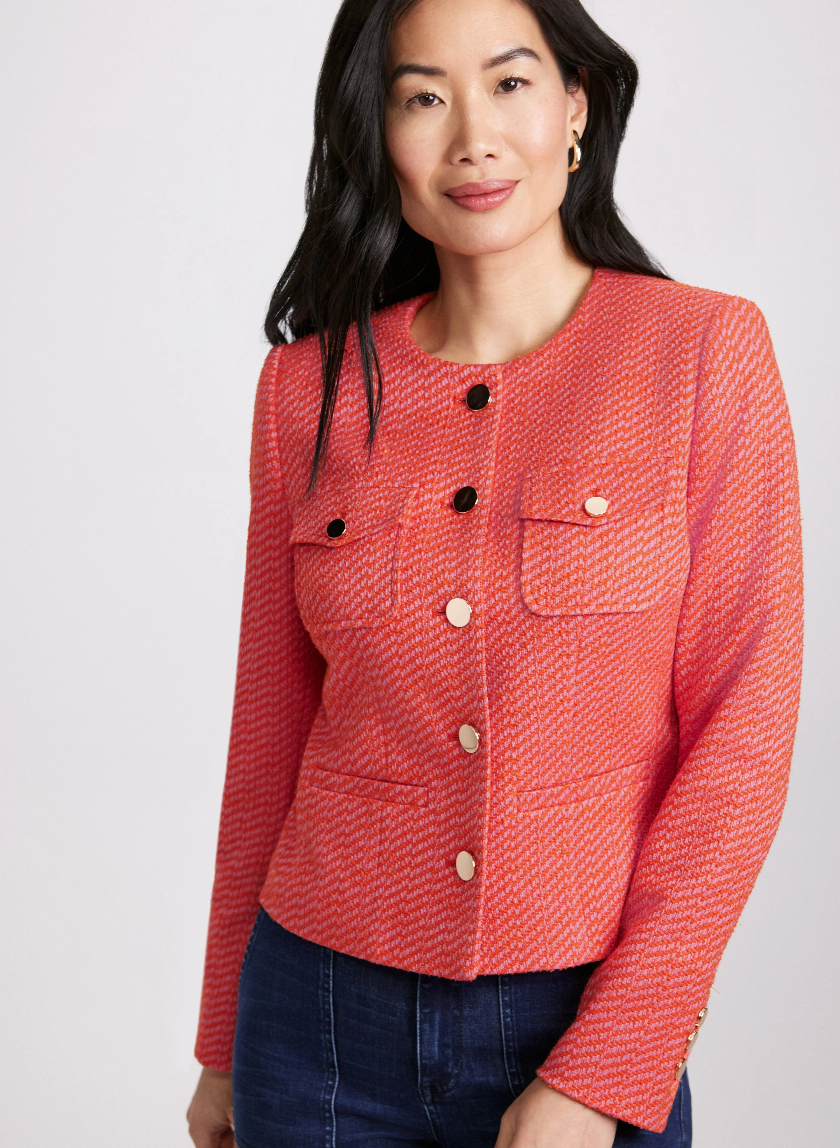Collarless Bouclé Button-Down Jacket sold by Laura
