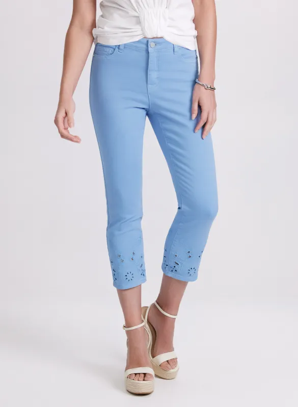 Denim Embroidered Hem Capris sold by Laura