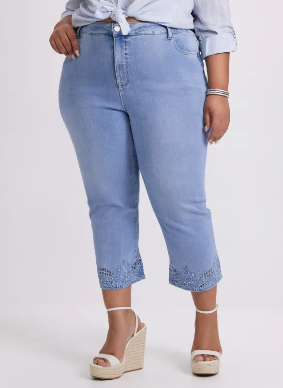 Floral Embroidered Denim Capris sold by Laura
