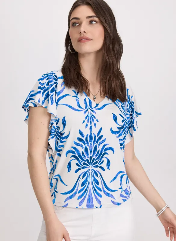 Leaf Print Flutter Sleeve Top sold by Laura