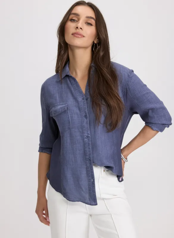 Linen-Blend Crosshatch Detail Blouse sold by Laura