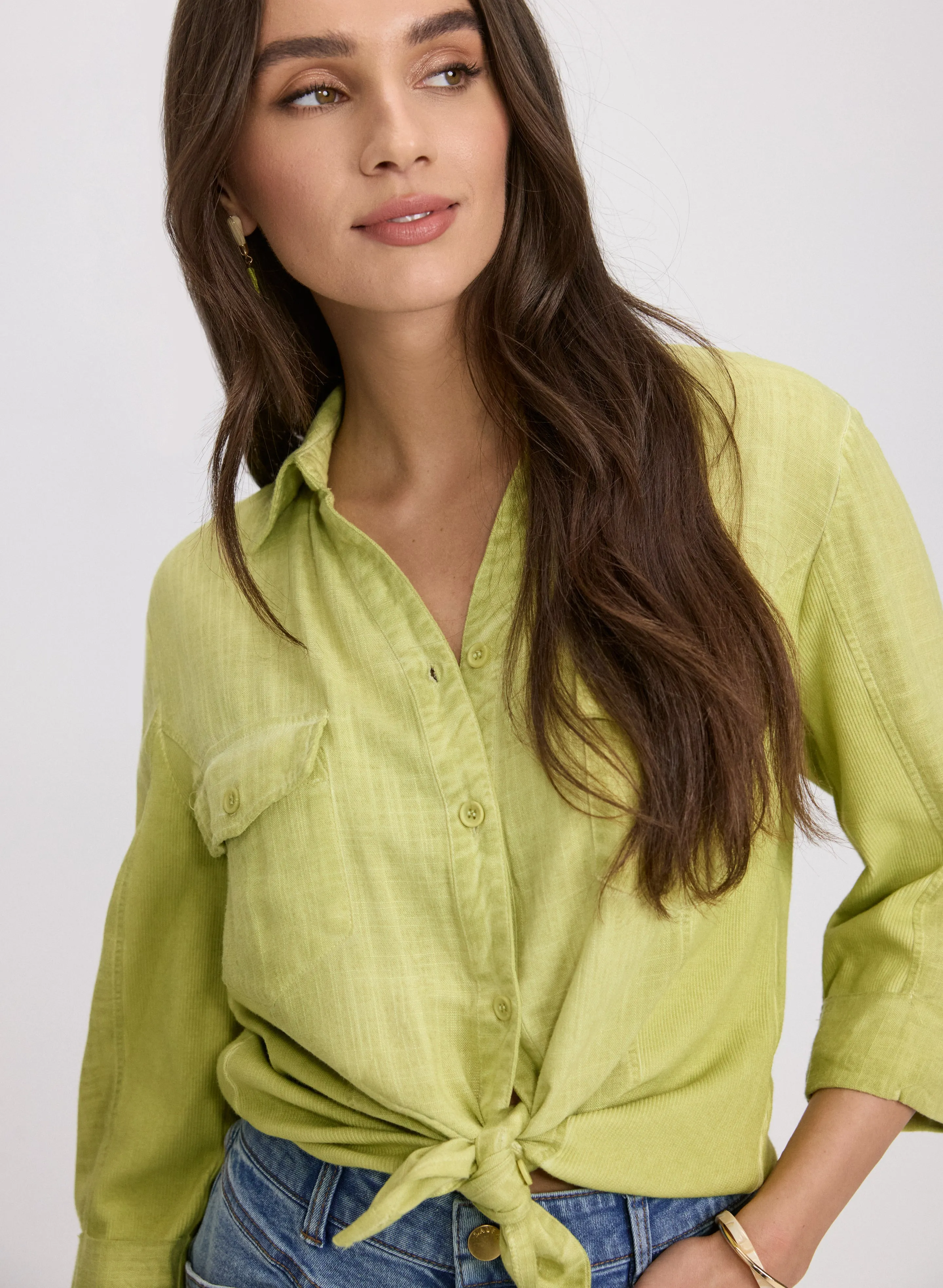 Linen-Blend Crosshatch Detail Blouse sold by Laura