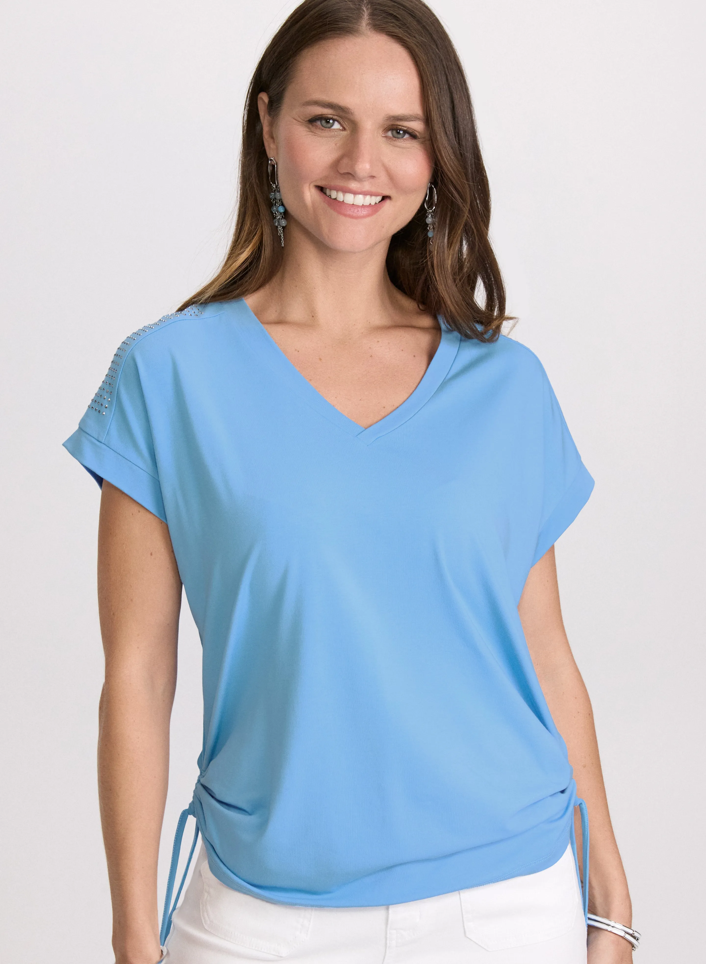 Ruched Rhinestone Detail T-Shirt sold by Laura