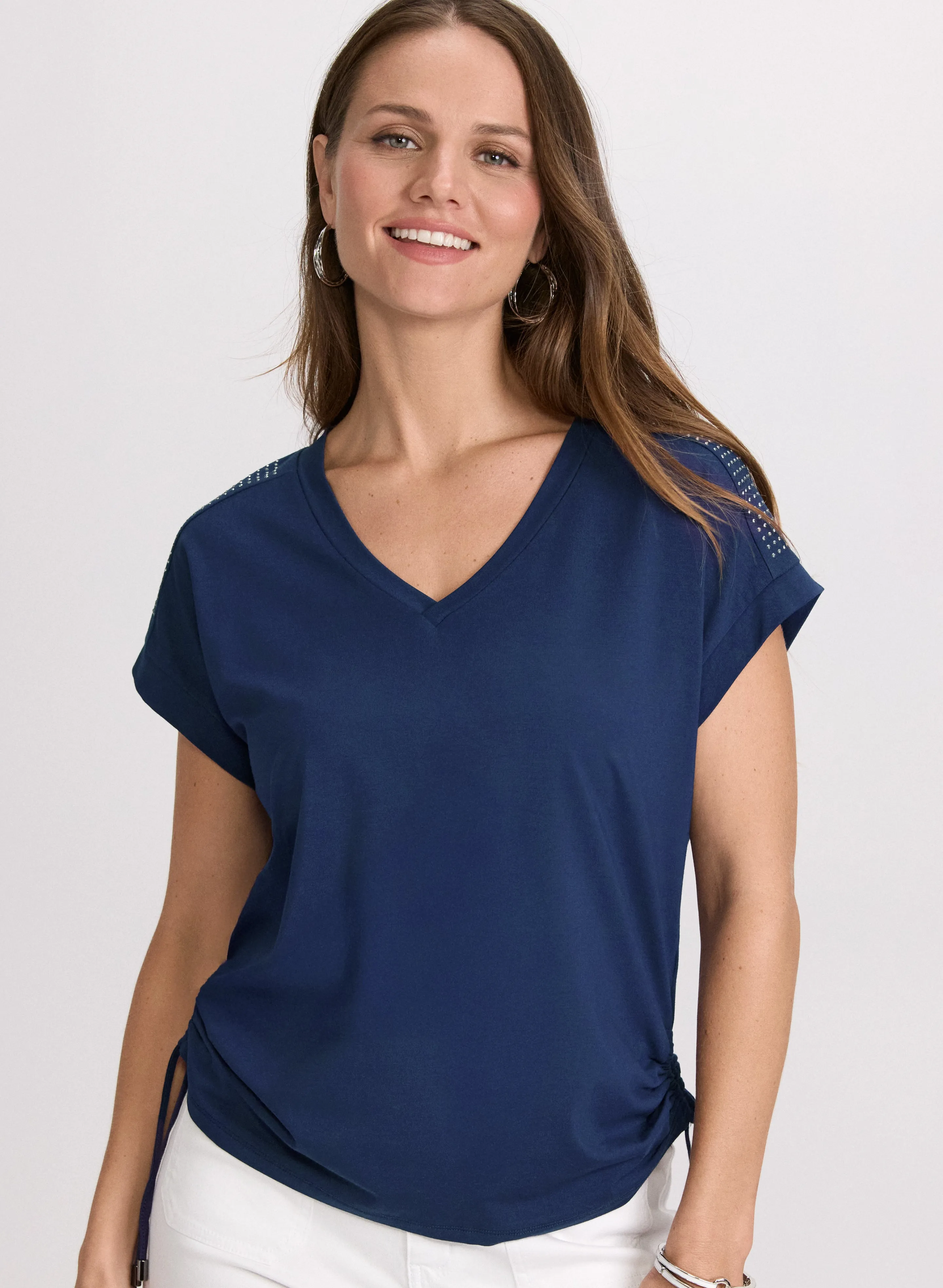 Ruched Rhinestone Detail T-Shirt sold by Laura