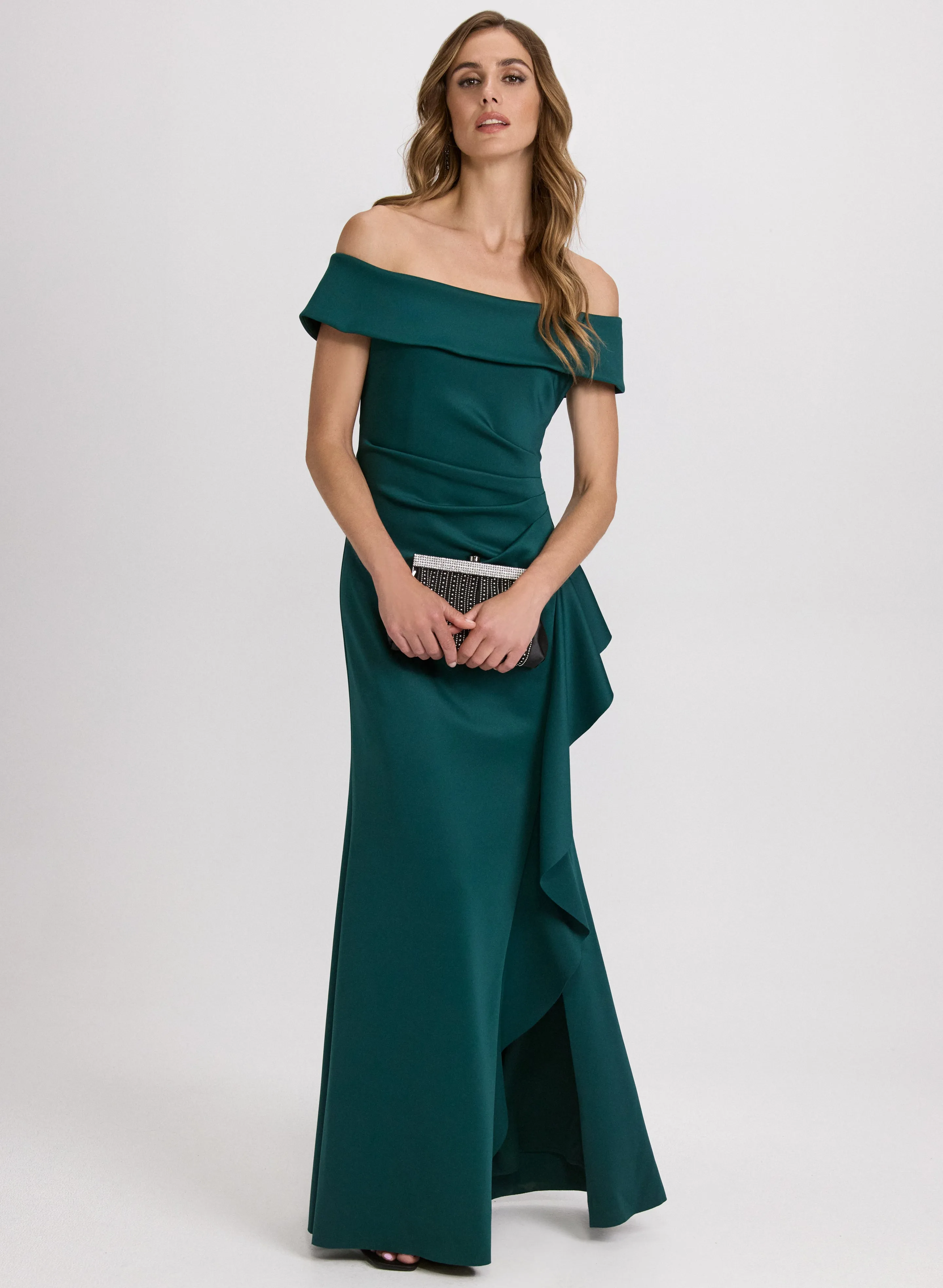 Off-Shoulder Waterfall Ruffle Dress sold by Laura