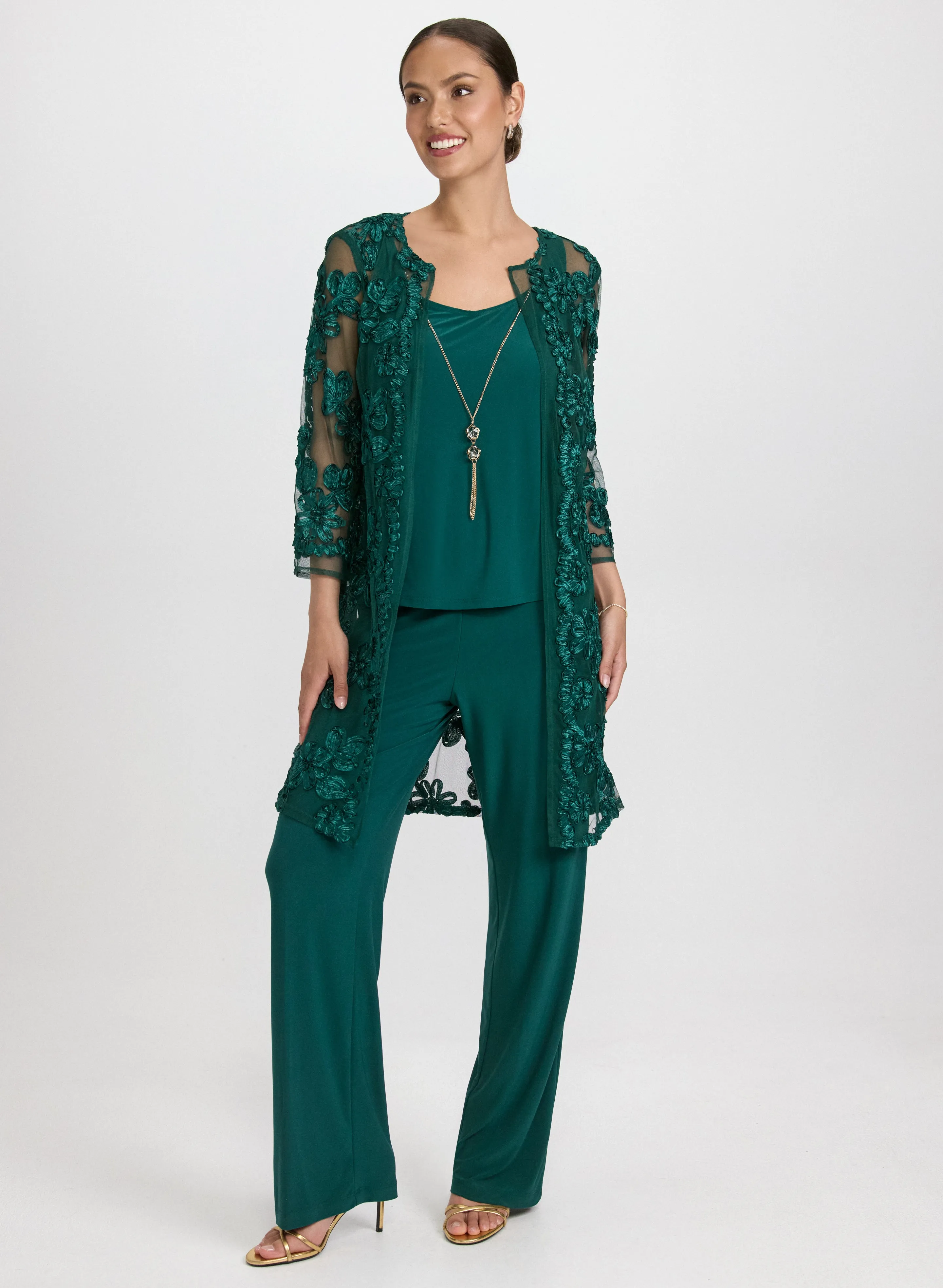 Floral Embroidered Jacket, Top & Pants Set sold by Laura