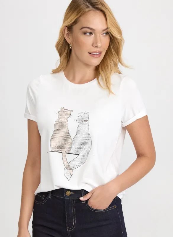 Embellished Cat Print T-Shirt sold by Laura