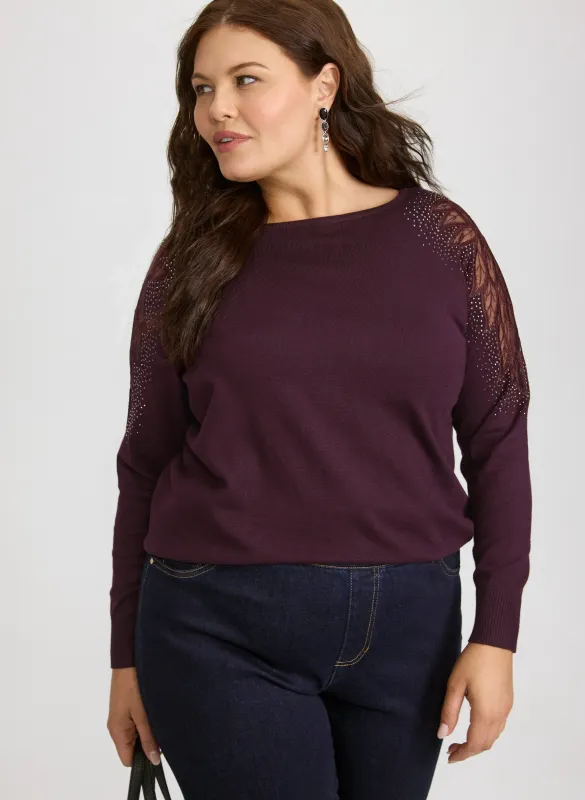 Mesh & Rhinestone Sleeve Sweater sold by Laura