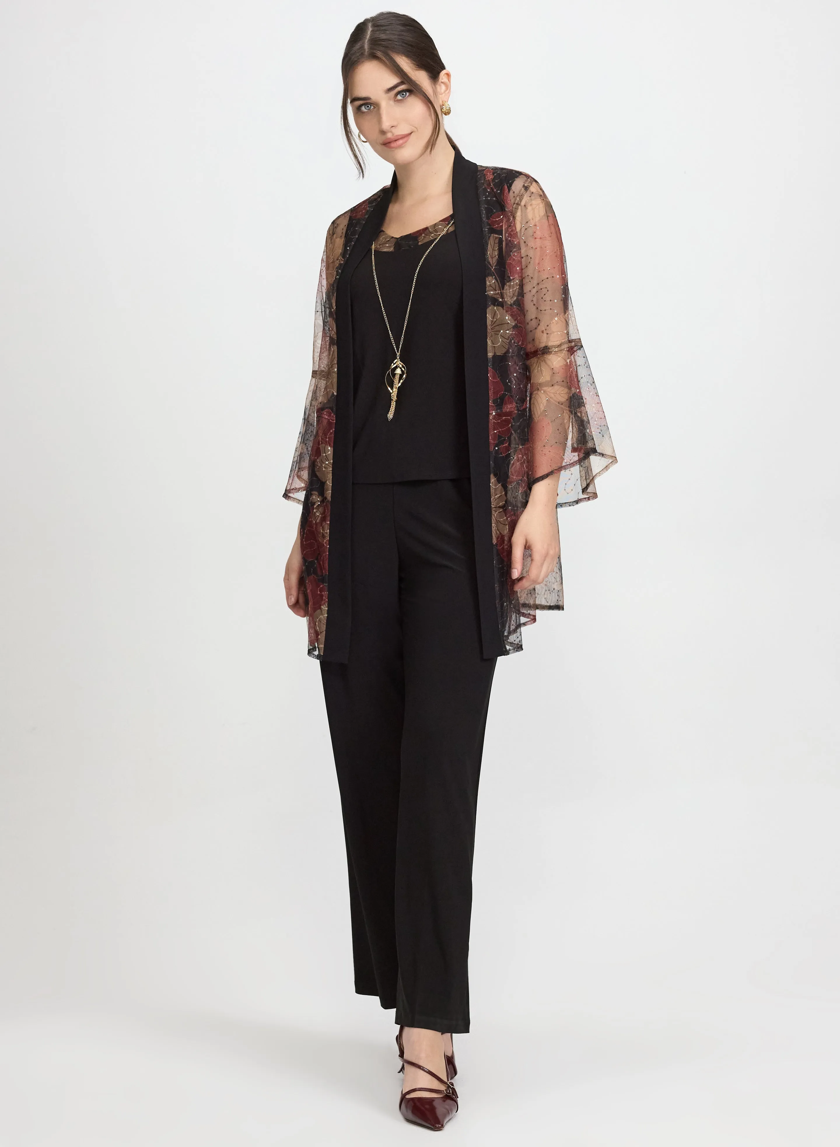 Mesh Floral Jacket, Top & Pants Set sold by Laura