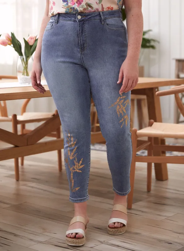 Metallic Leaf Print Ankle Jeans sold by Laura